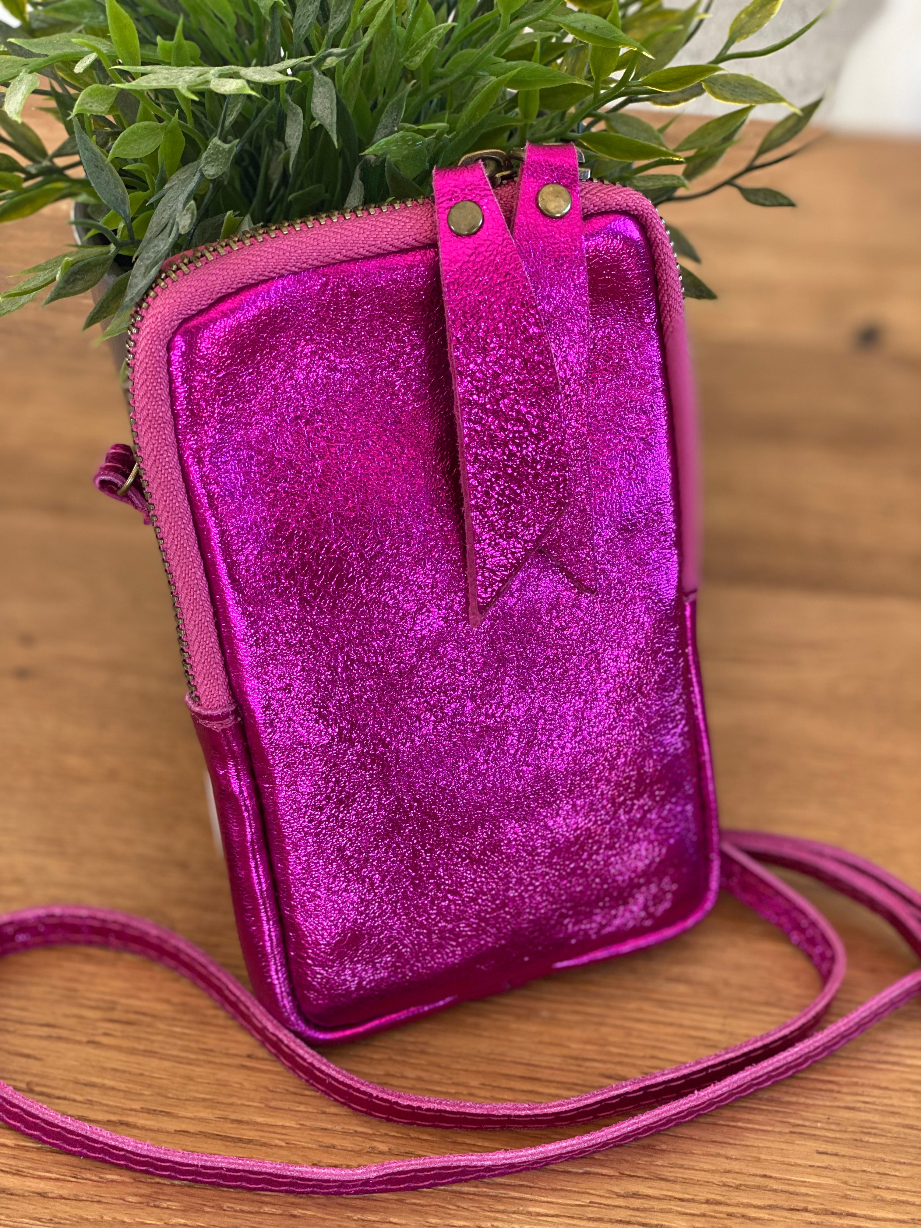 Pochette bandoulière pour téléphone en cuir irisé - STELLA - Fuschia (9 coloris)