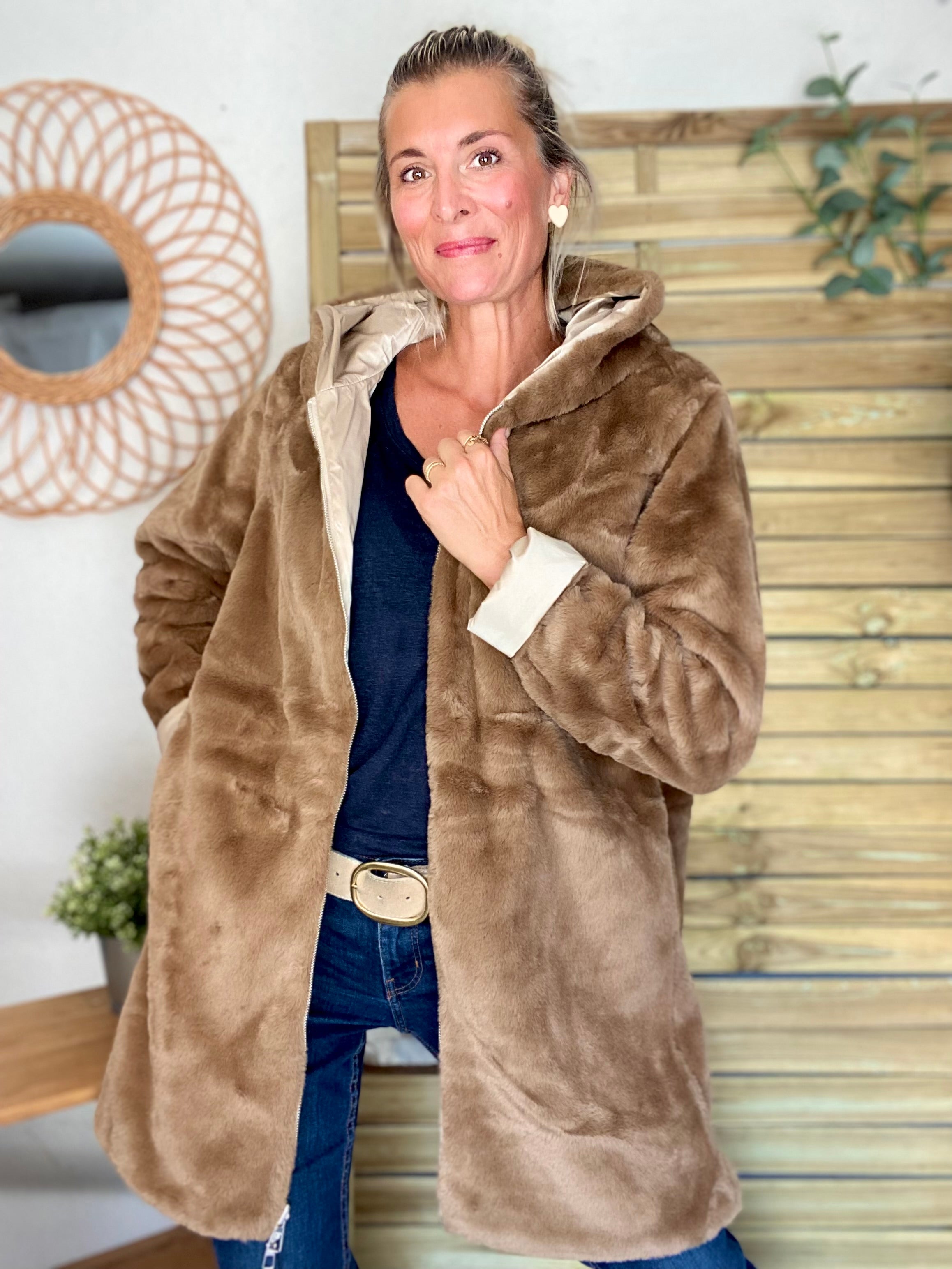 Parka Imperméable réversible fourrée Sable irisé / Camel ALIX - LAURA JO