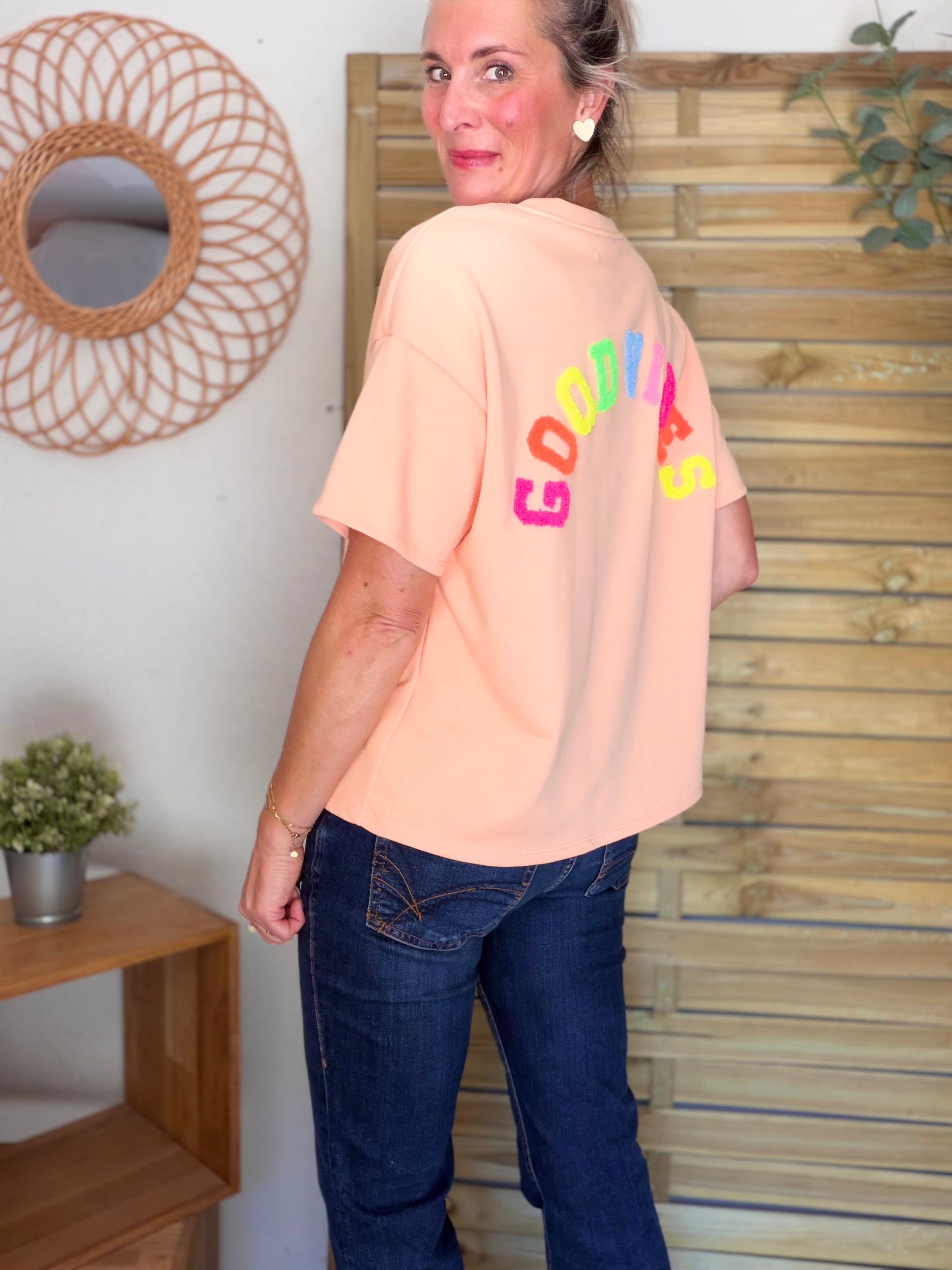 Tee shirt GOOD VIBES matière sweat - ALESSIA Pêche