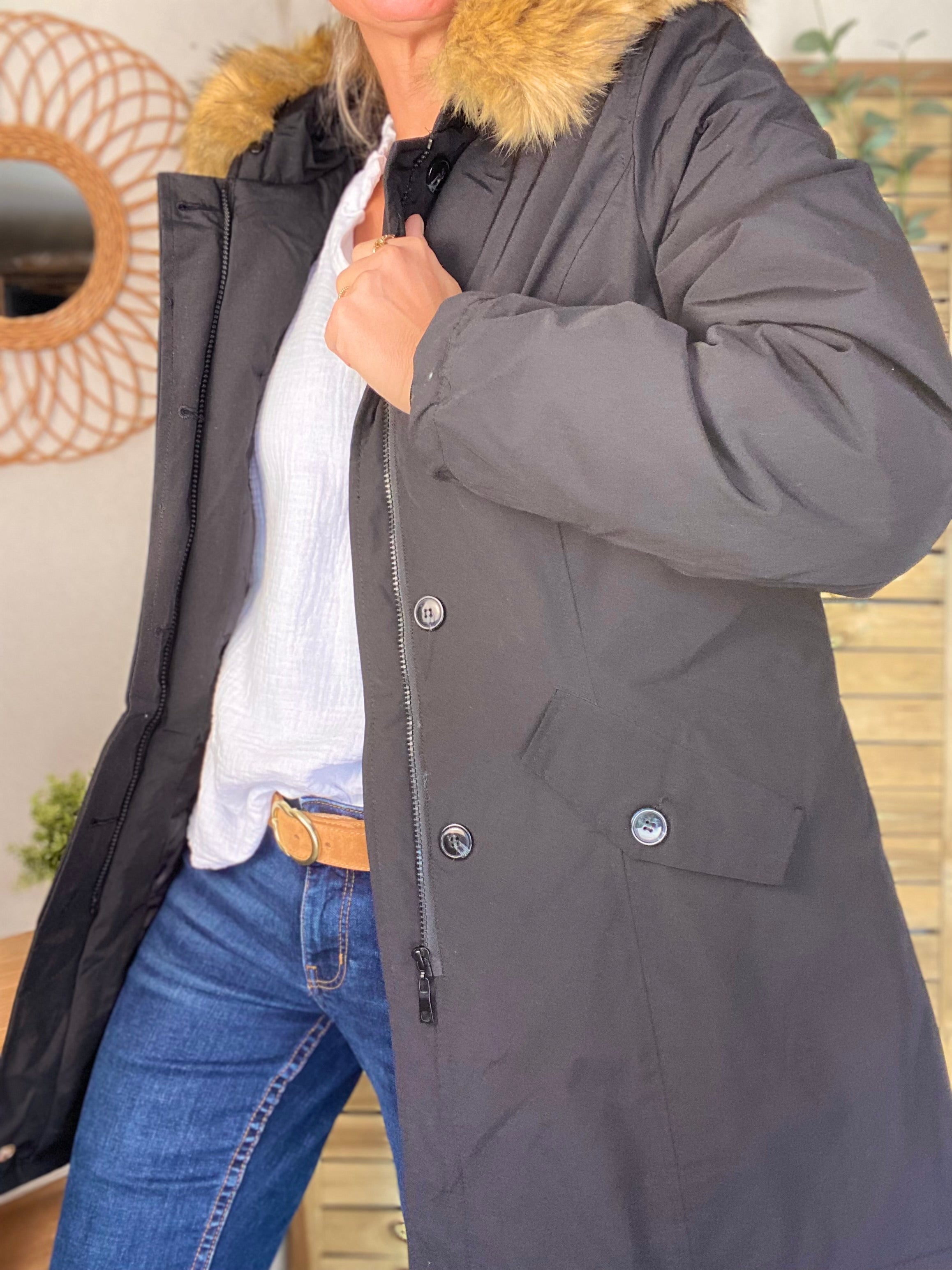 ⚡️ PÉPITES FRIDAY - Parka rembourrée déperlante noir, capuche col fourrure amovible - CHEYENNE