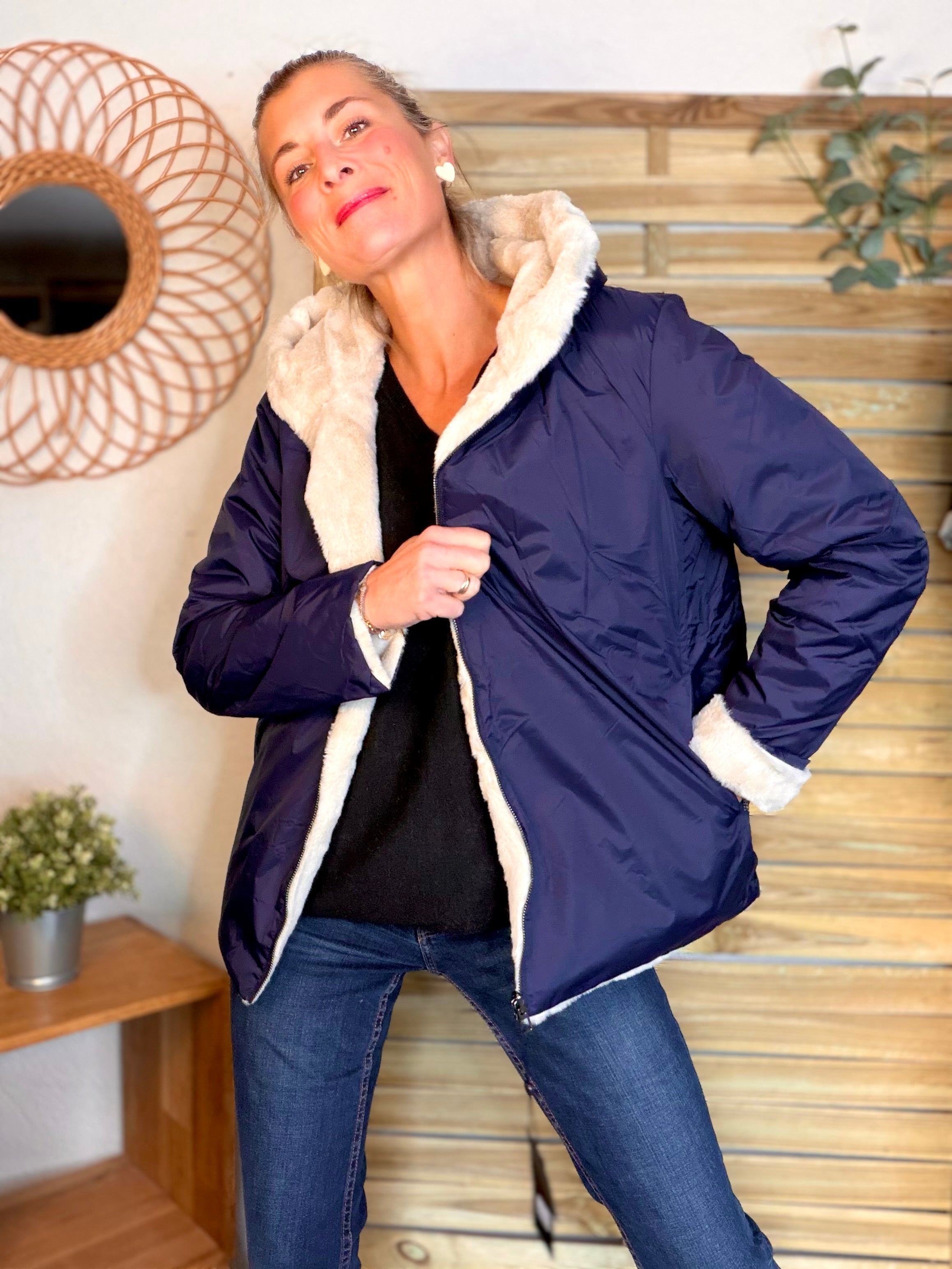 Parka Imperméable réversible fourrée Marine / Beige ALIX Court - LAURA JO