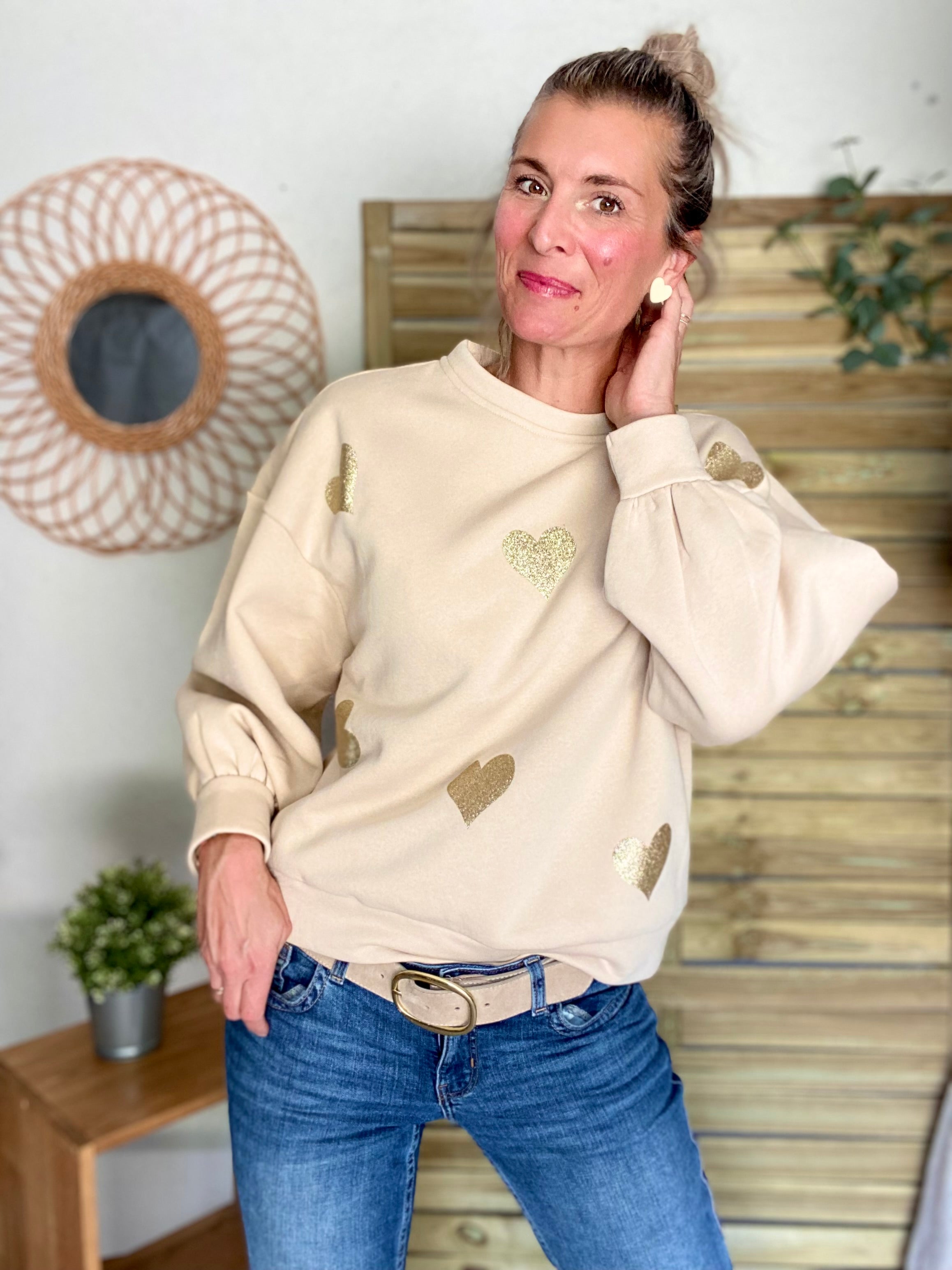 Sweat oversize Coeurs doré VALENTIN - Beige