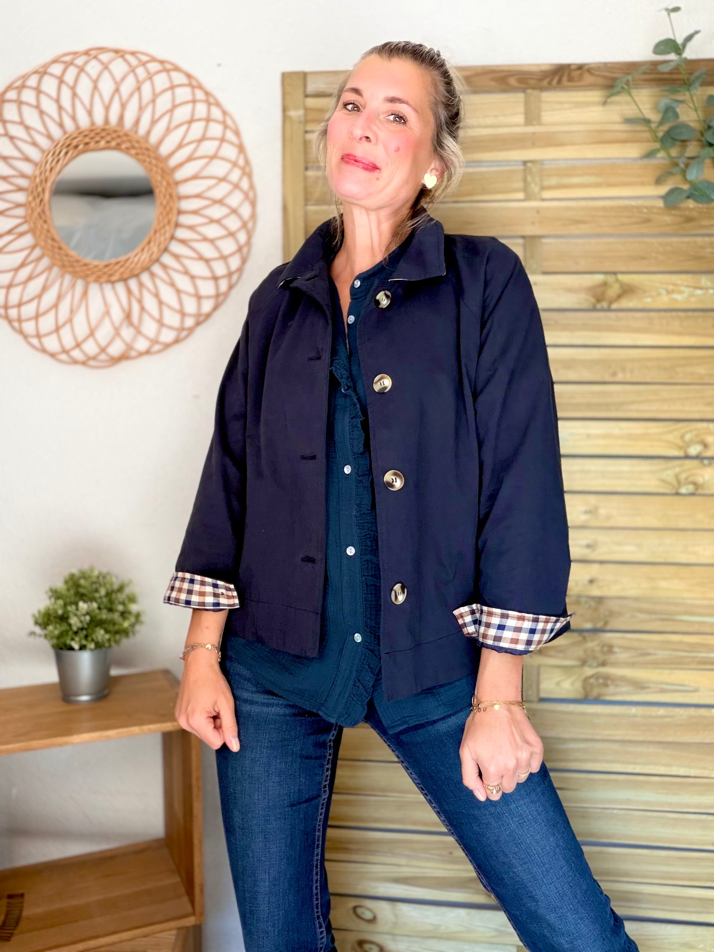 Veste Trench en coton avec carreaux - SOLÈNE Bleu marine
