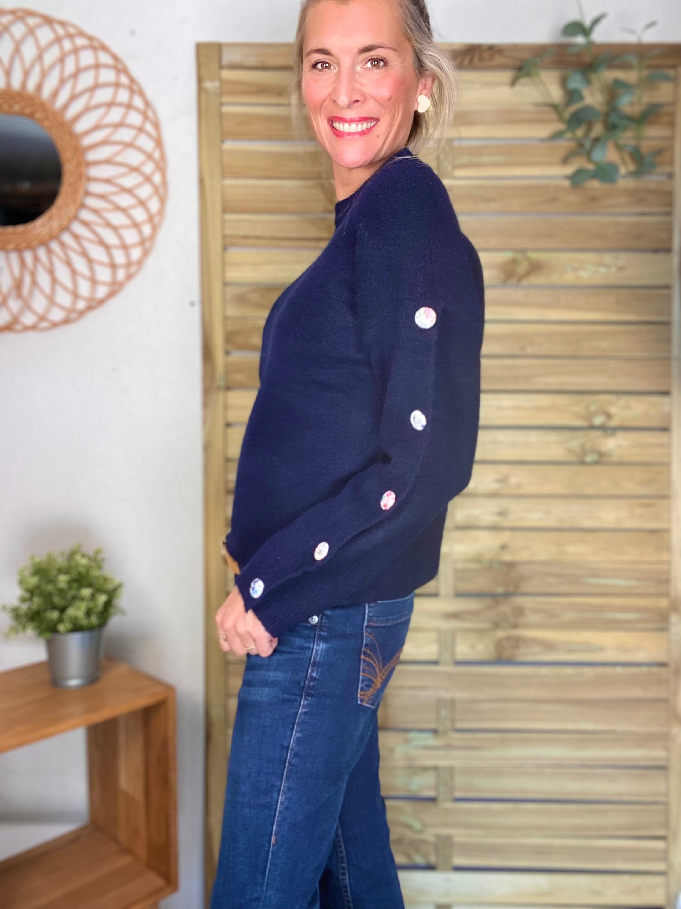 ⚡️ PÉPITES FRIDAY - Pull boutons tissu fleuri - Bleu marine - HAZEL