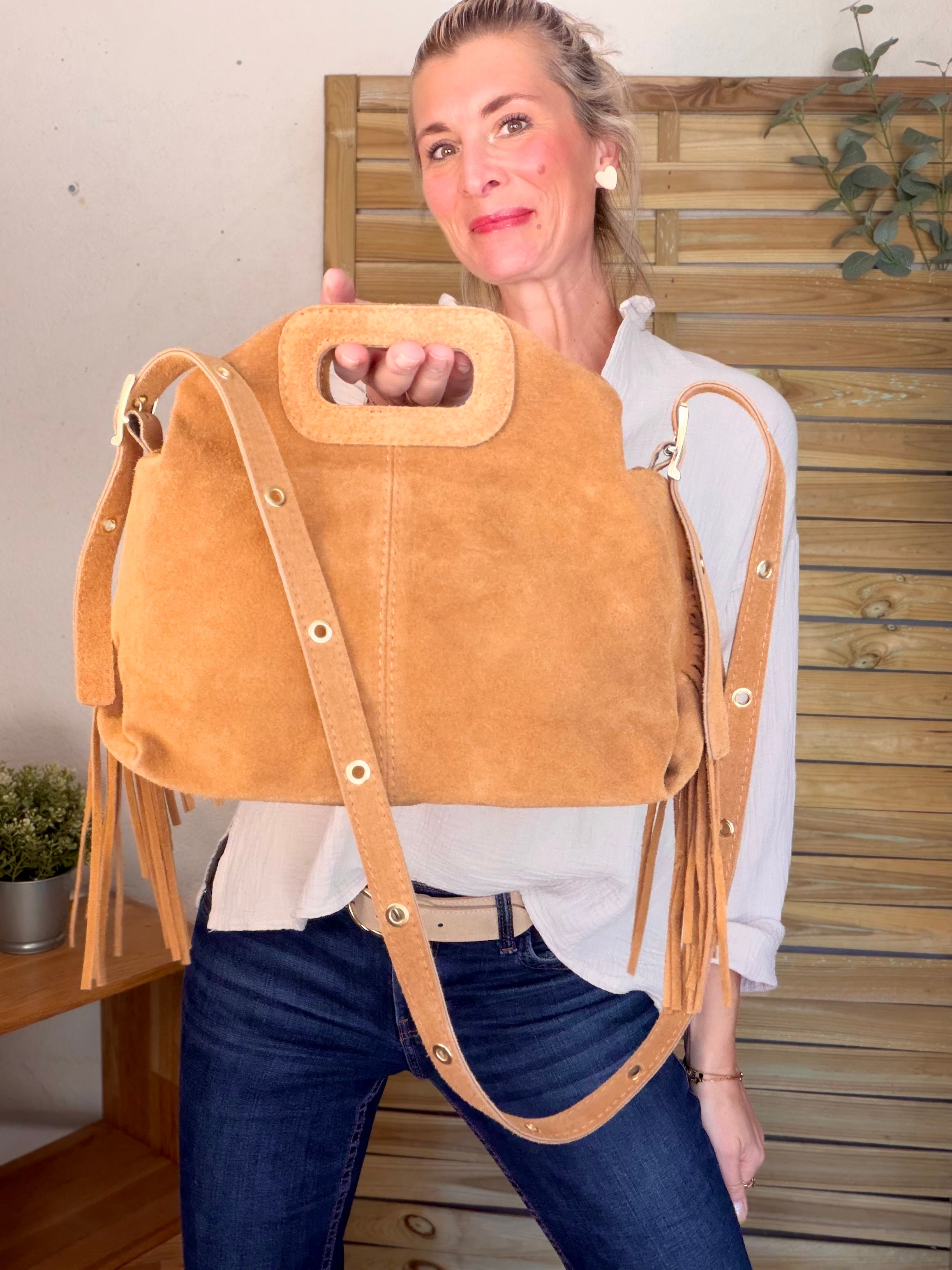 Sac en cuir daim avec franges LOGAN - Camel