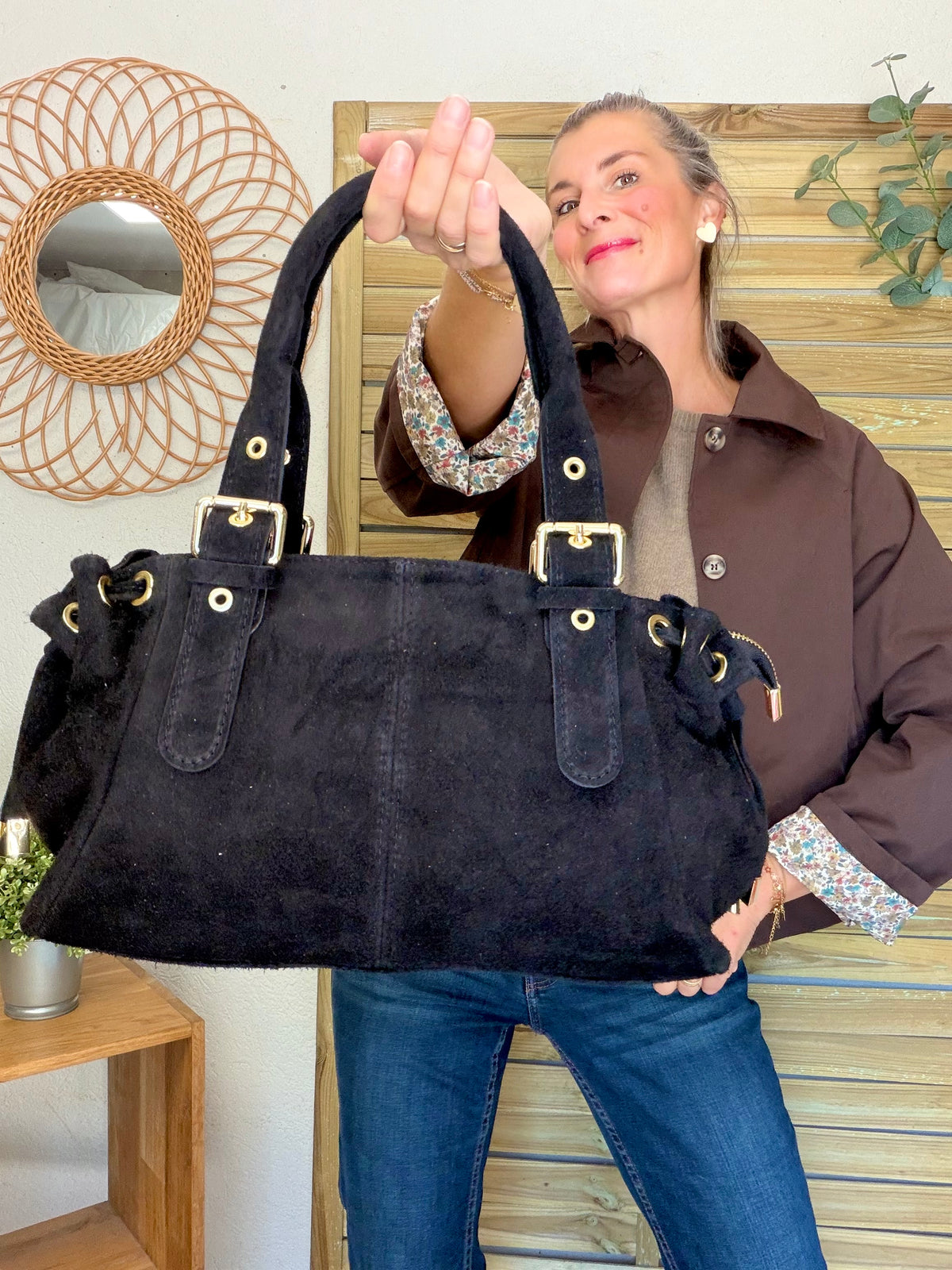 Sac à main en cuir daim GERY - Noir