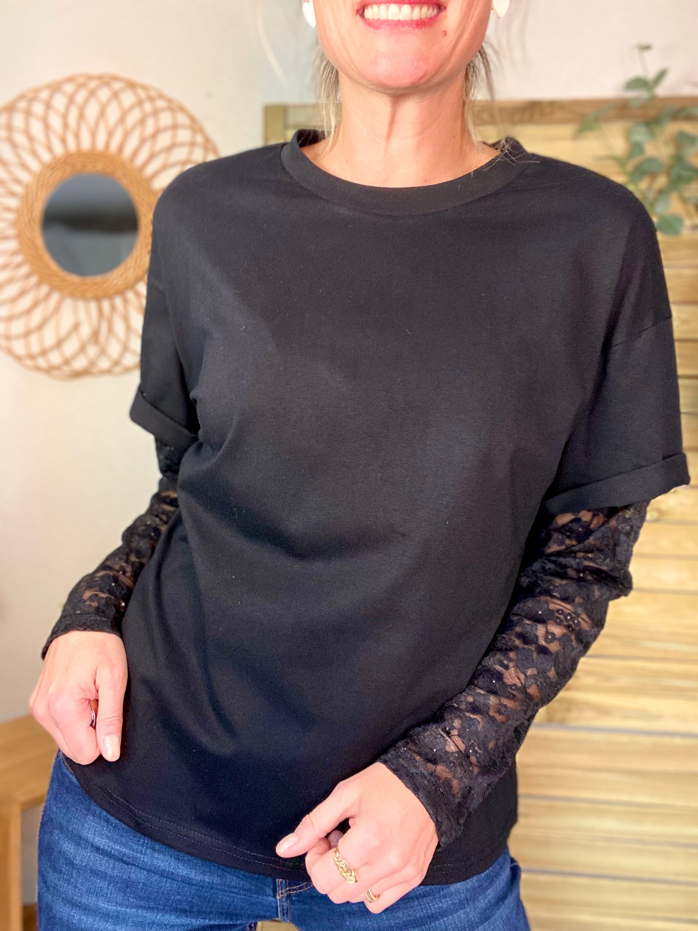 Tee shirt avec manches longues dentelle PAMELA - Noir