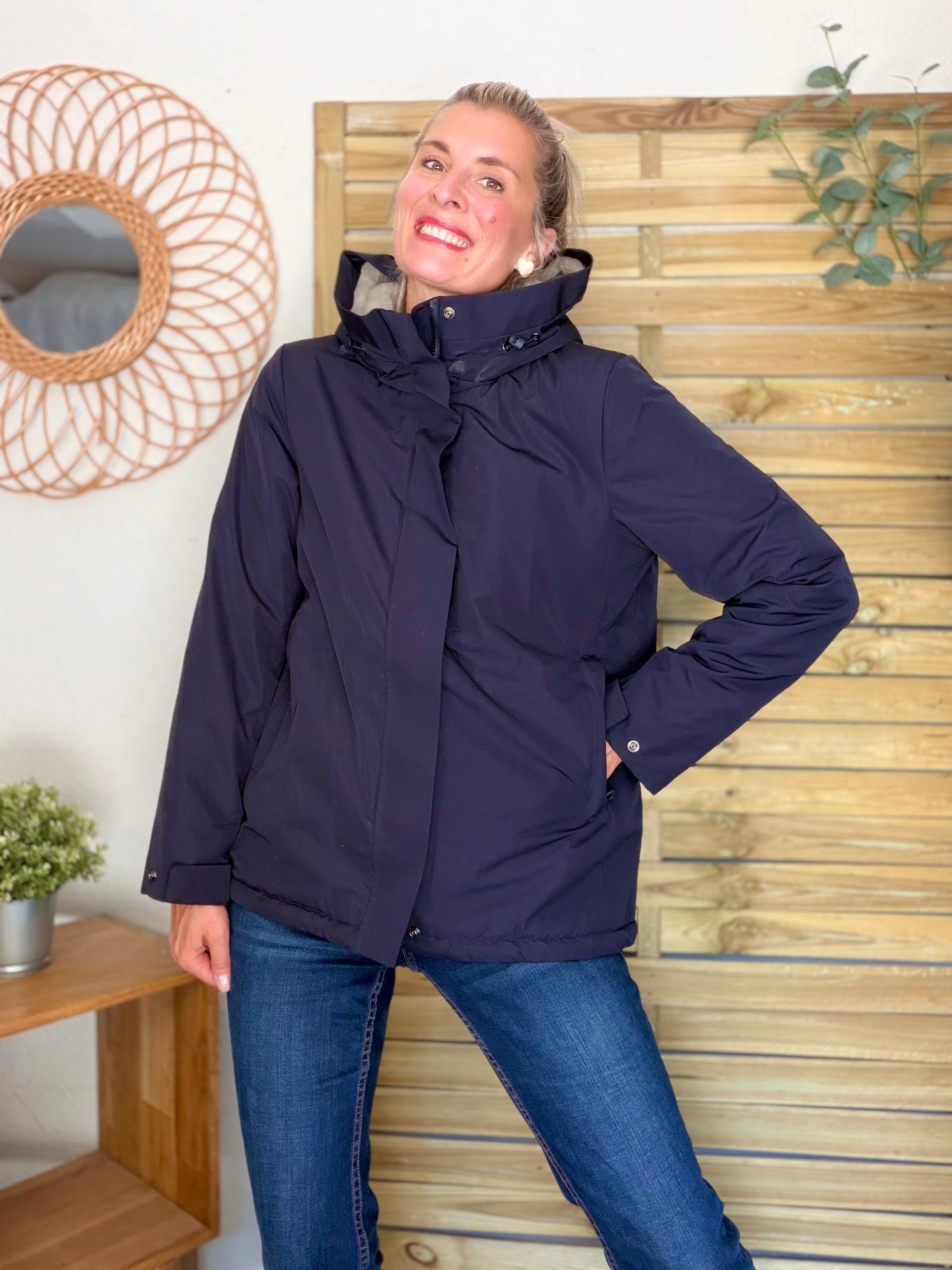 LAURA JO - Parka fourrée imperméable AMBRE MI-LONG - Bleu marine / Beige