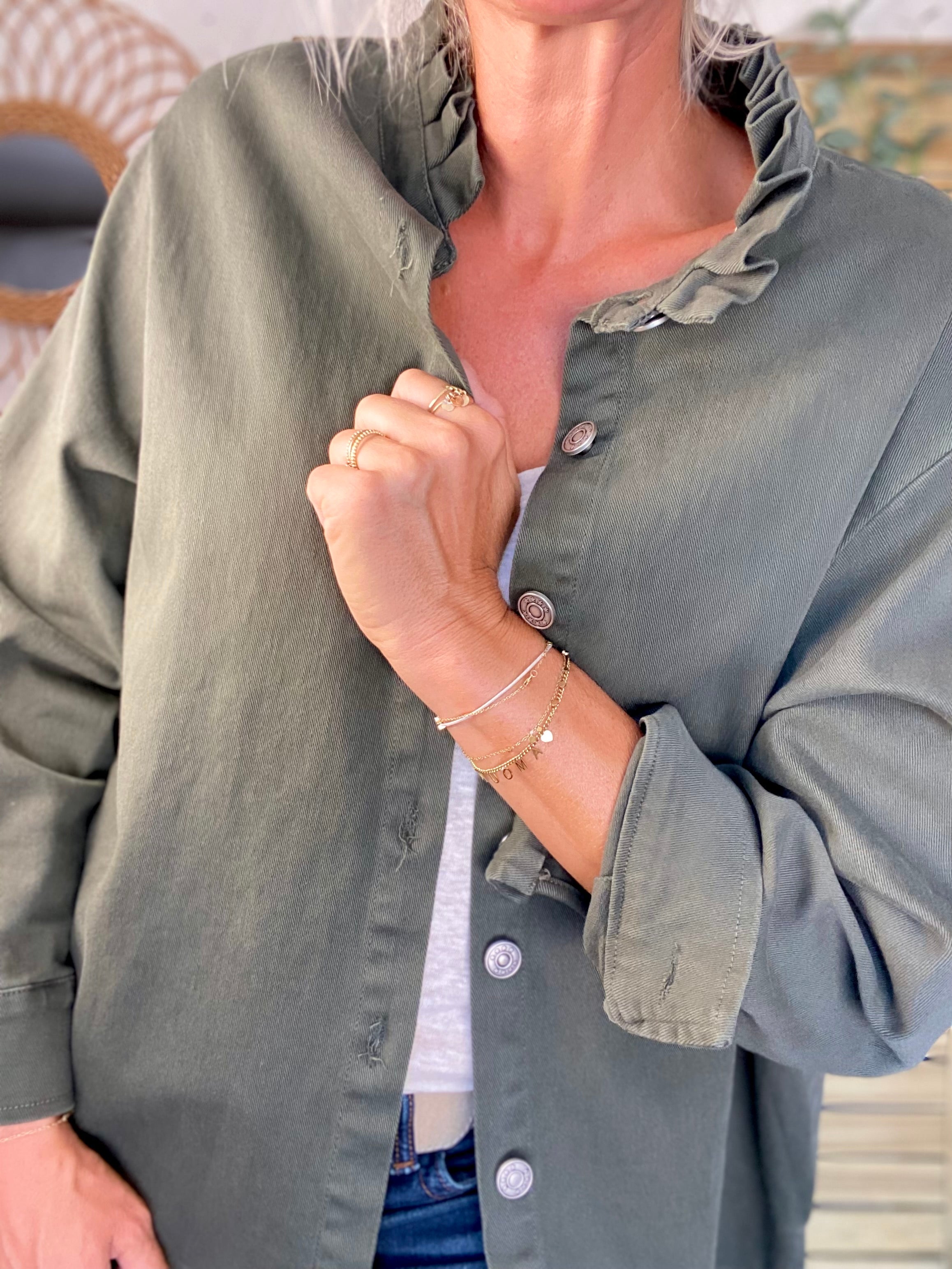 Veste / Chemise en coton, col volanté Kaki LISON