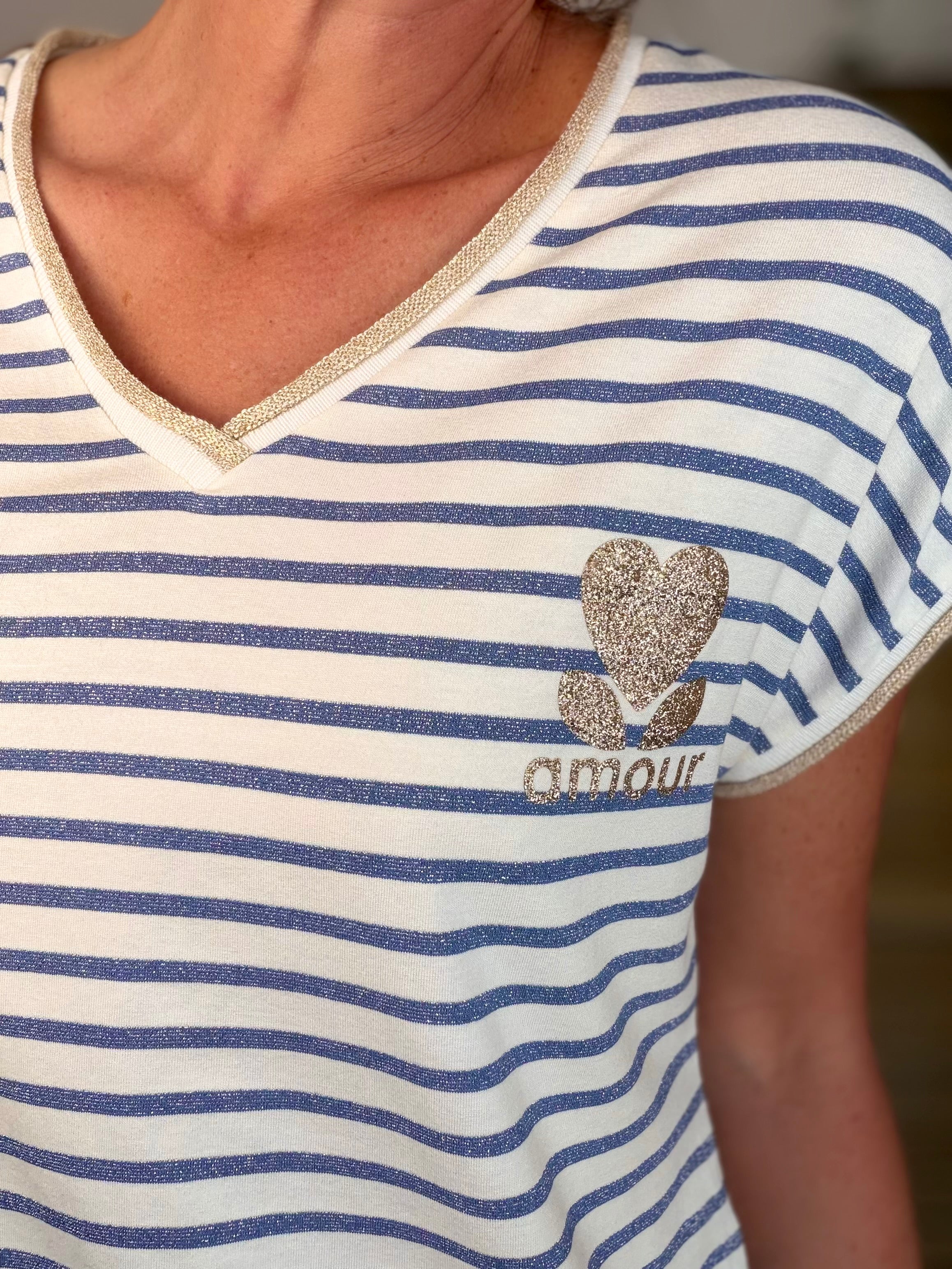 Top rayé col V amour 💛 NAOMIE - Bleu jean / Doré
