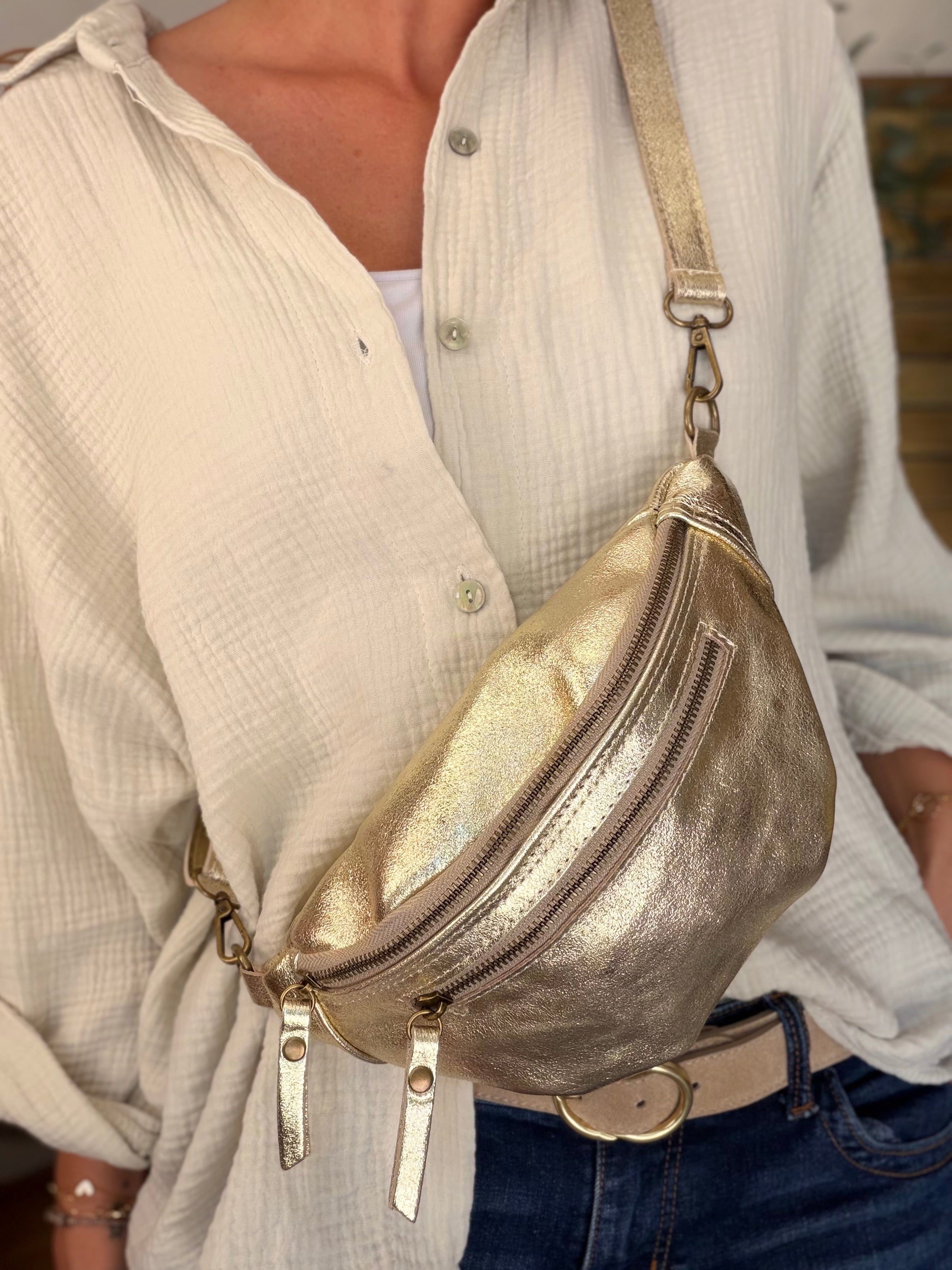 Sac banane en cuir irisé double poche - OPALE - Doré / Étain