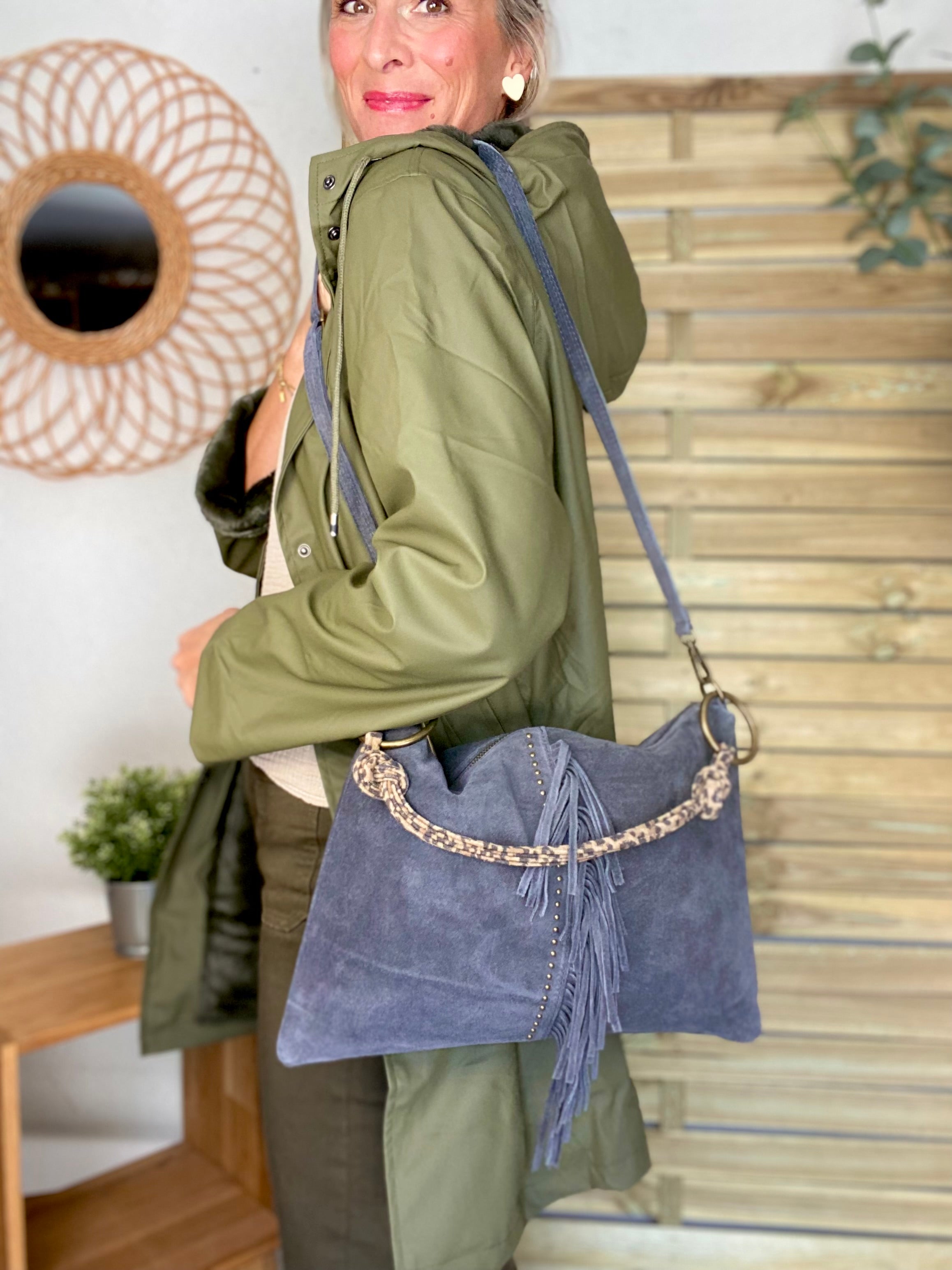 ⚡️PÉPITES FRIDAY - Sac en cuir daim 2 bandoulières (Léo et gris) - Gris foncé - BROOKLYN