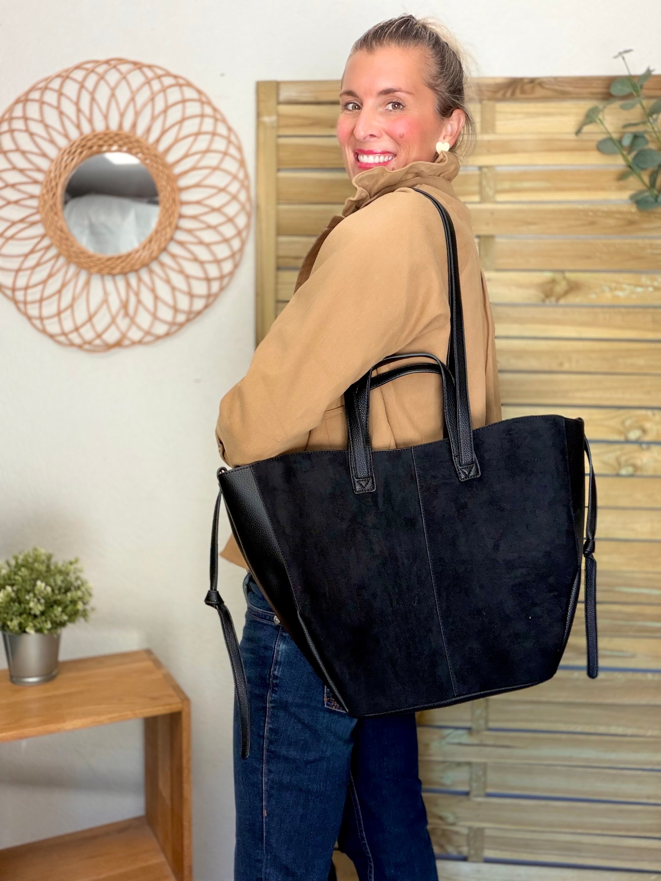 Grand Sac cabas 2 en 1 en simili daim - LAURÈNE Noir