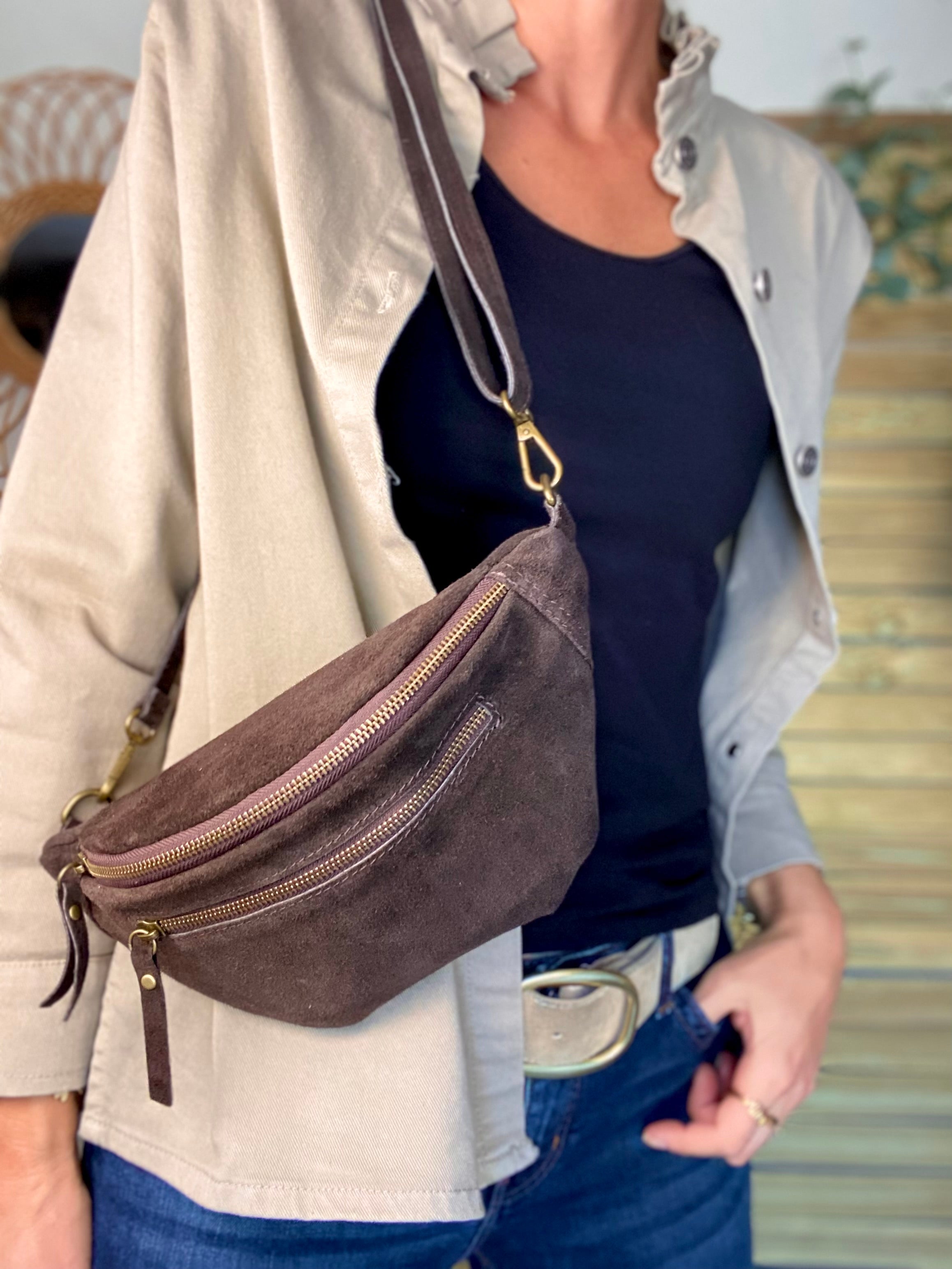 Sac banane double poche en cuir daim - OPALINE - Chocolat