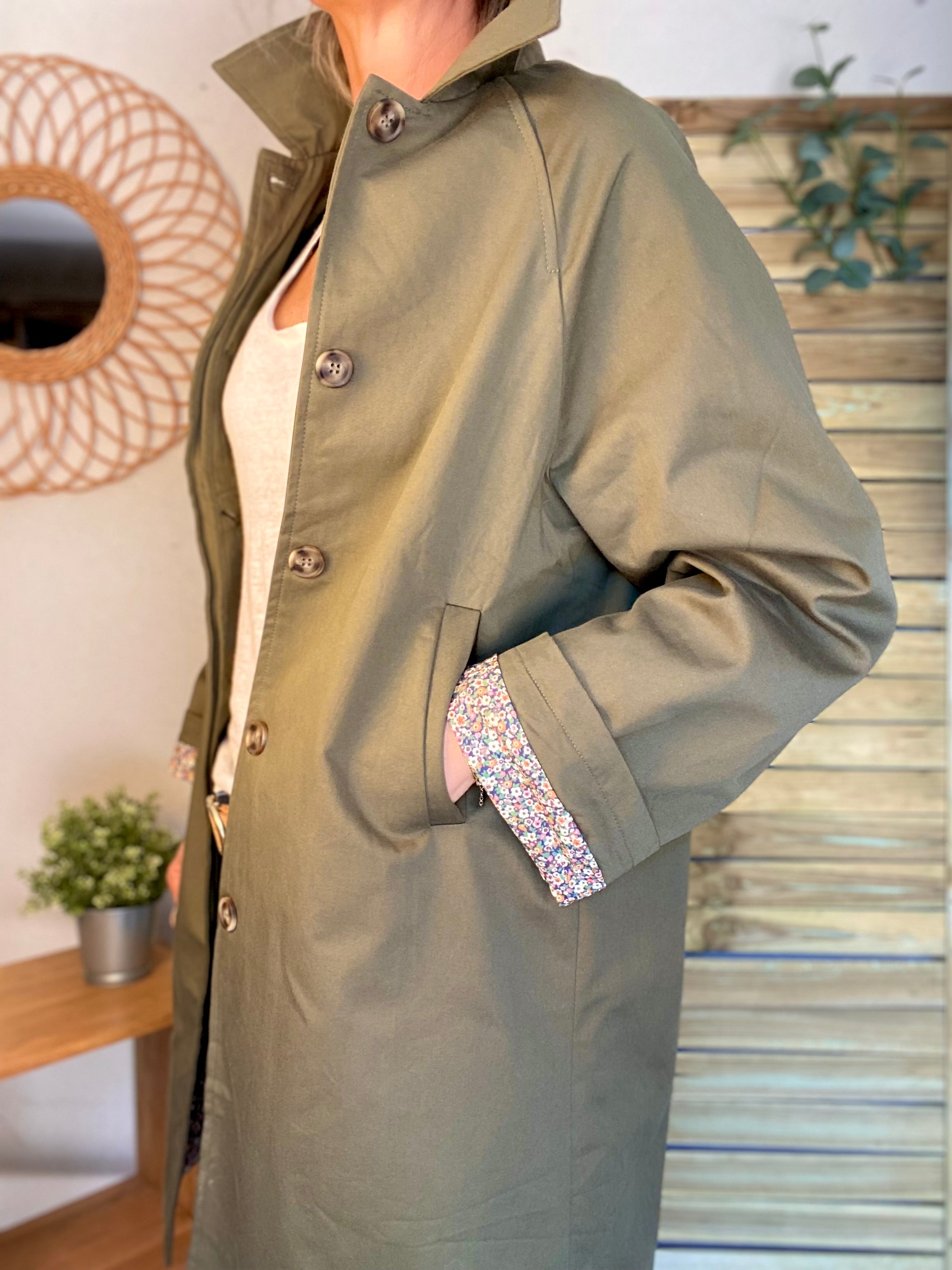 Veste Trench en coton kaki avec Liberty - MAHAUT LONG