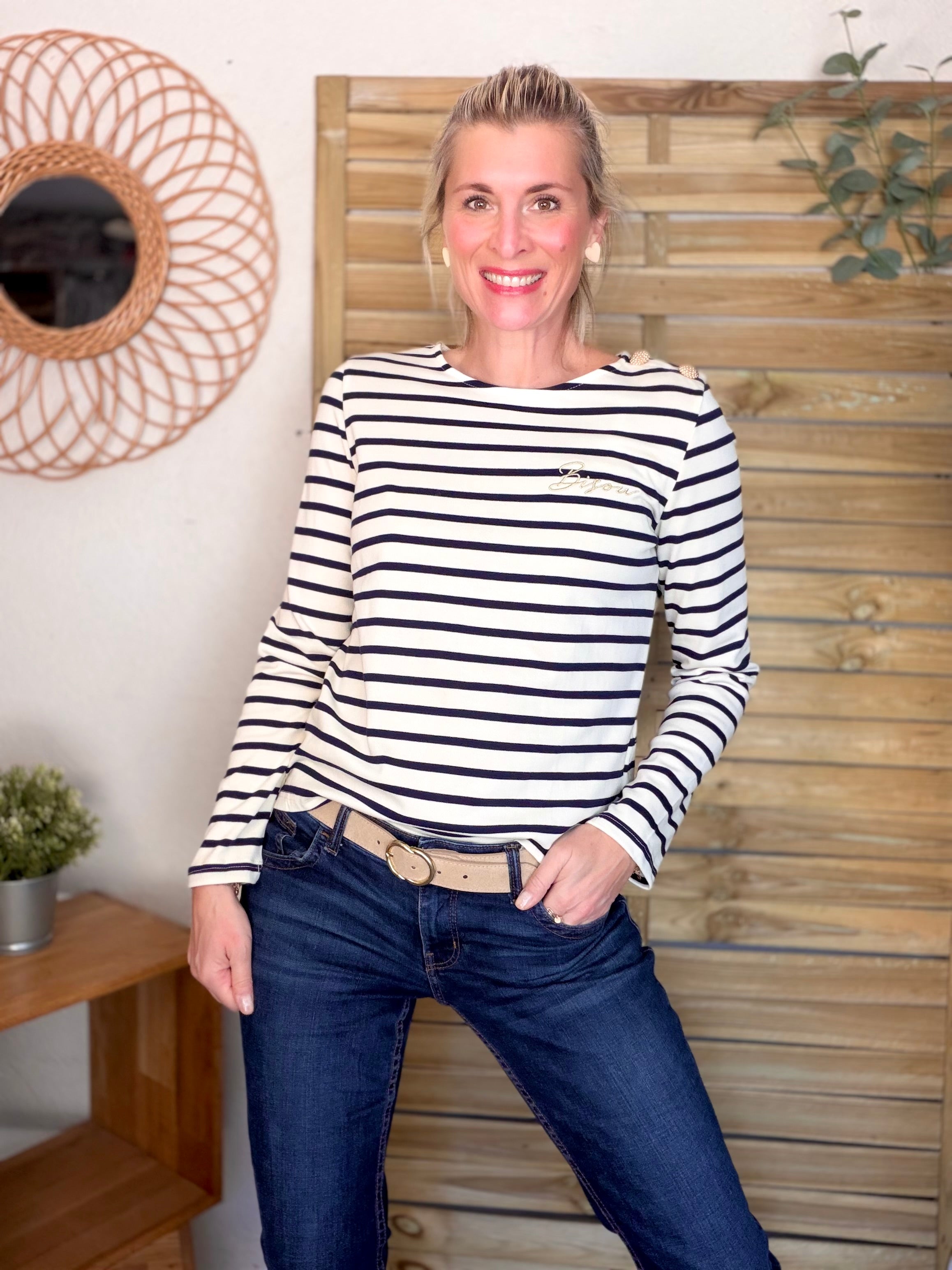 Tee shirt marinière Bisou doré SOLVEIG bleu marine