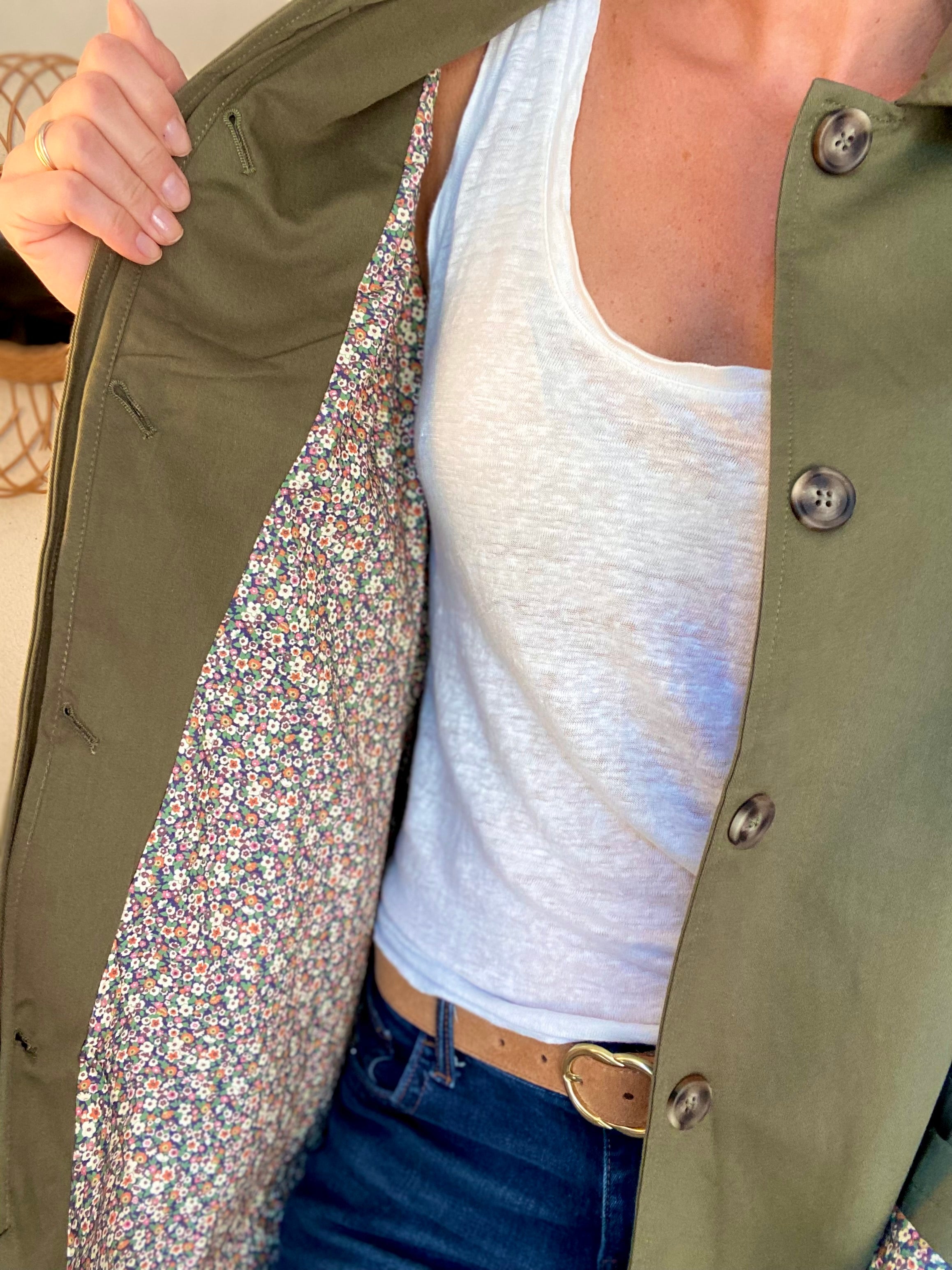 Veste Trench en coton kaki avec Liberty - MAHAUT LONG