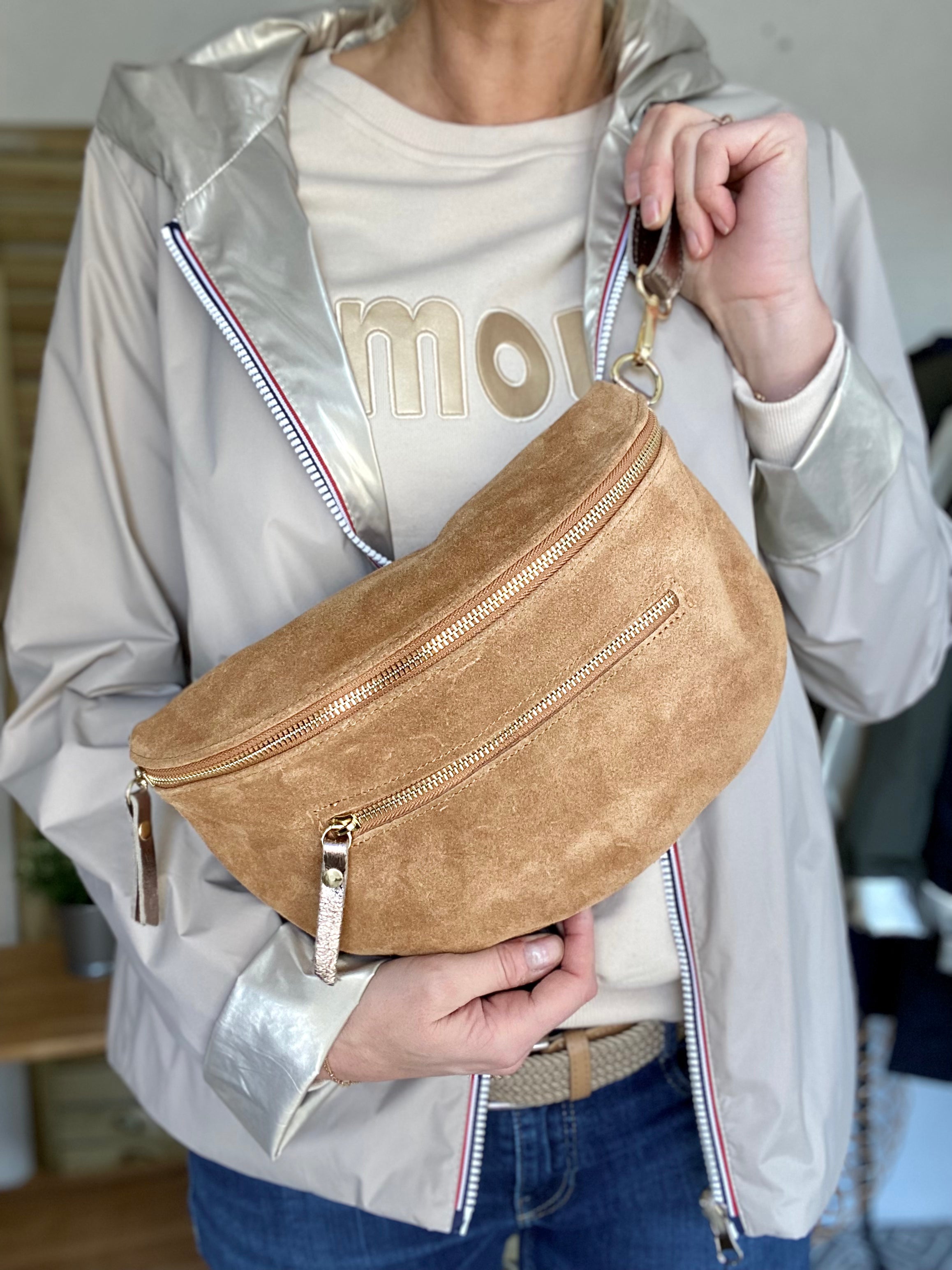 Sac banane XL 2 zips en cuir velours et irisé 30cm TERRY - Camel (4 coloris)