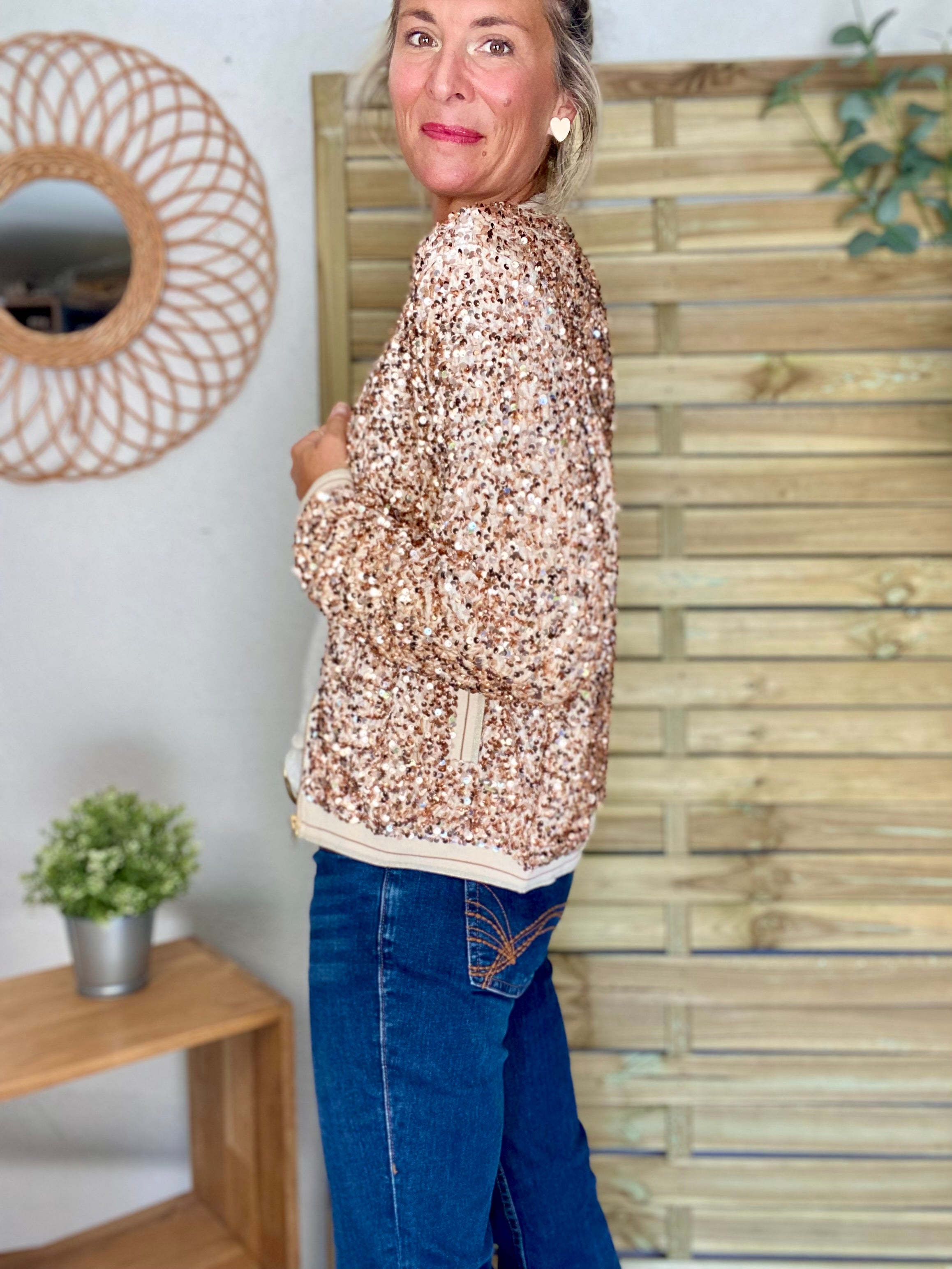 Veste bombers beige avec sequins Rose Gold KIM