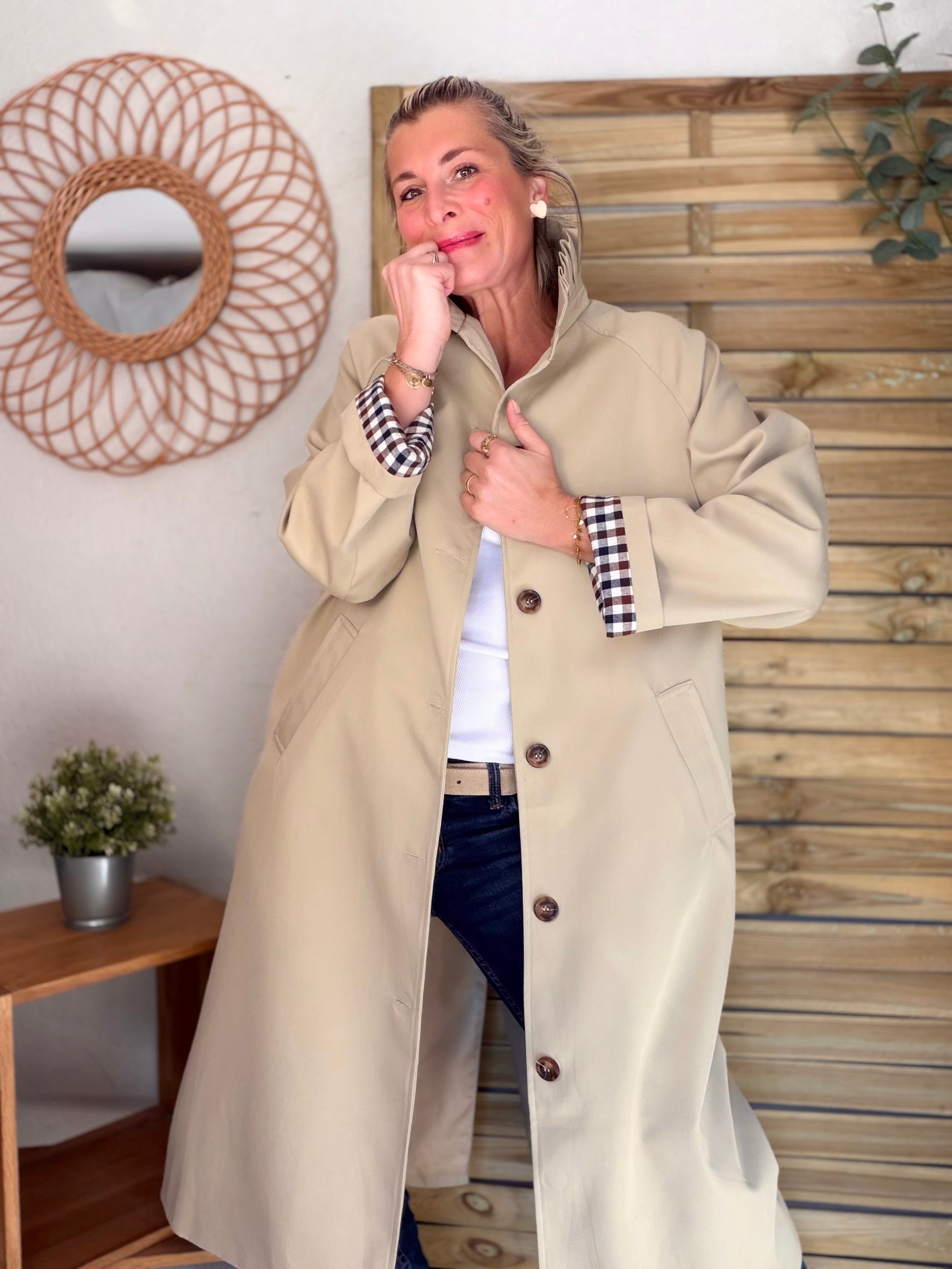 Veste Trench col victorien avec vichy - VICKY LONG Beige
