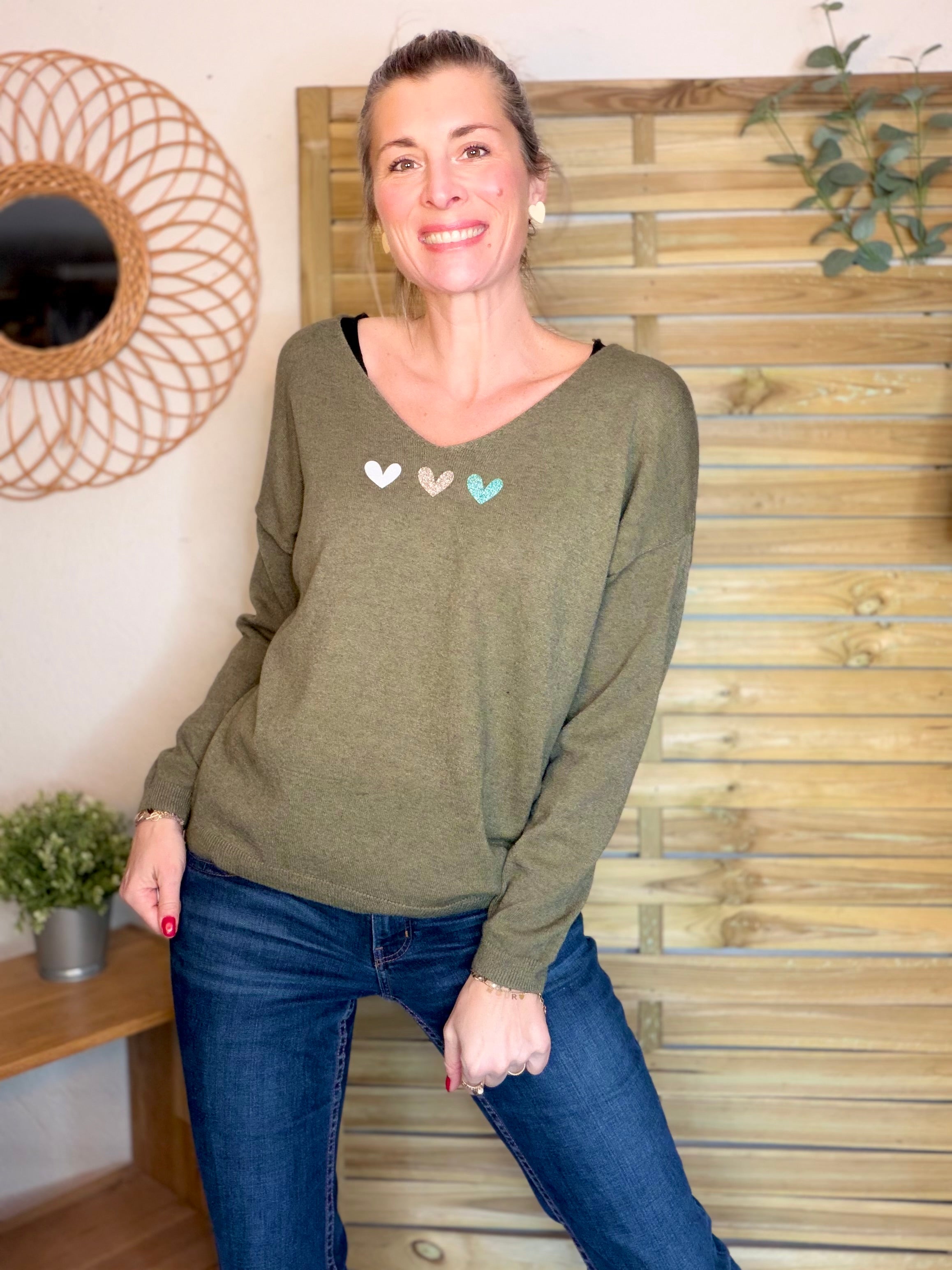 Pull fin 3 cœurs 💛 BERTILLE - Kaki