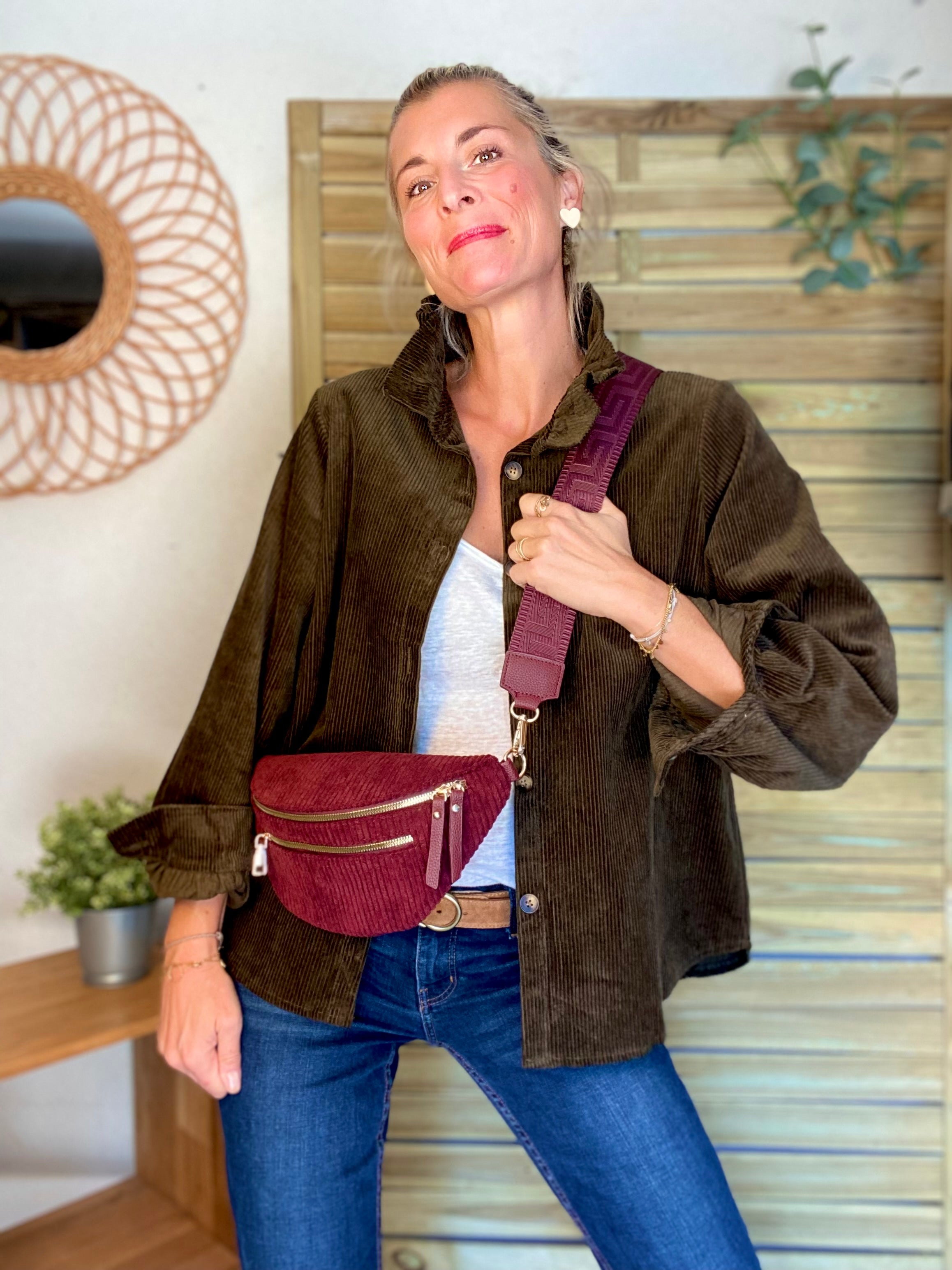 Veste / Chemise en coton, col victorien volanté YVONNE - Velours Kaki