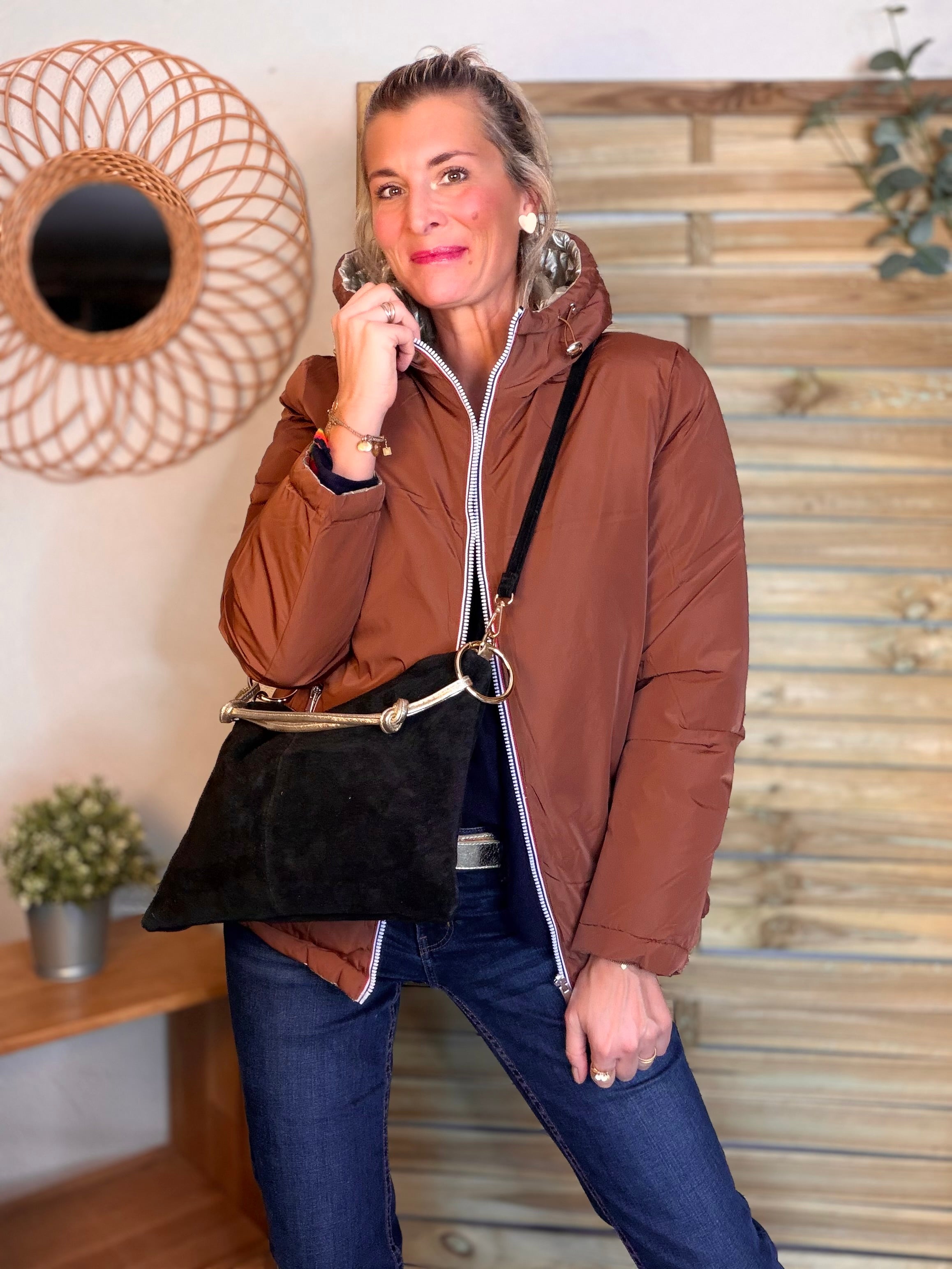 ⚡️PÉPITES FRIDAY - Sac en cuir daim 2 bandoulières (or et noir) - Noir - PACEY