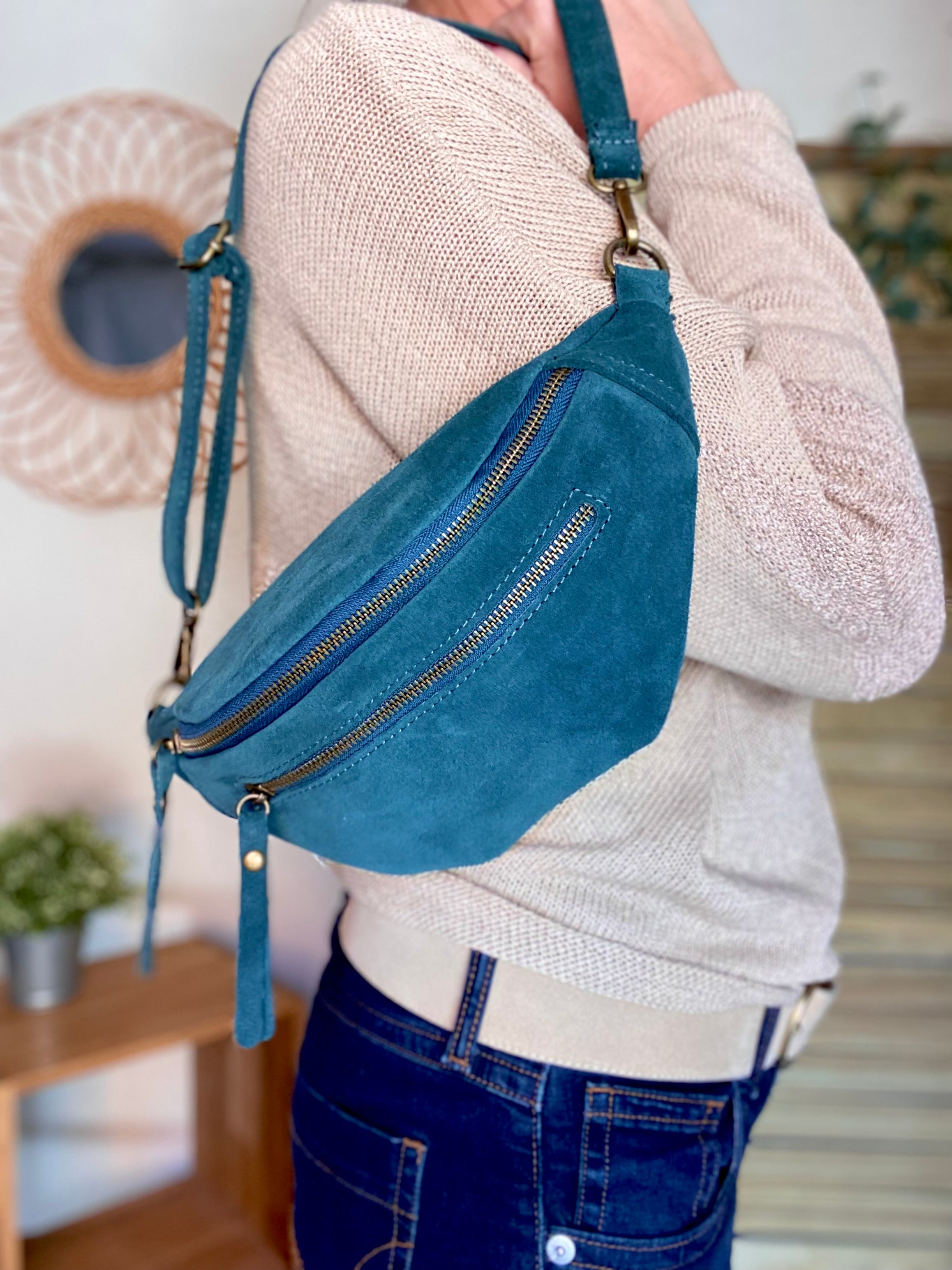 Sac banane double poche en cuir daim - OPALINE - Bleu pétrole (14 coloris)