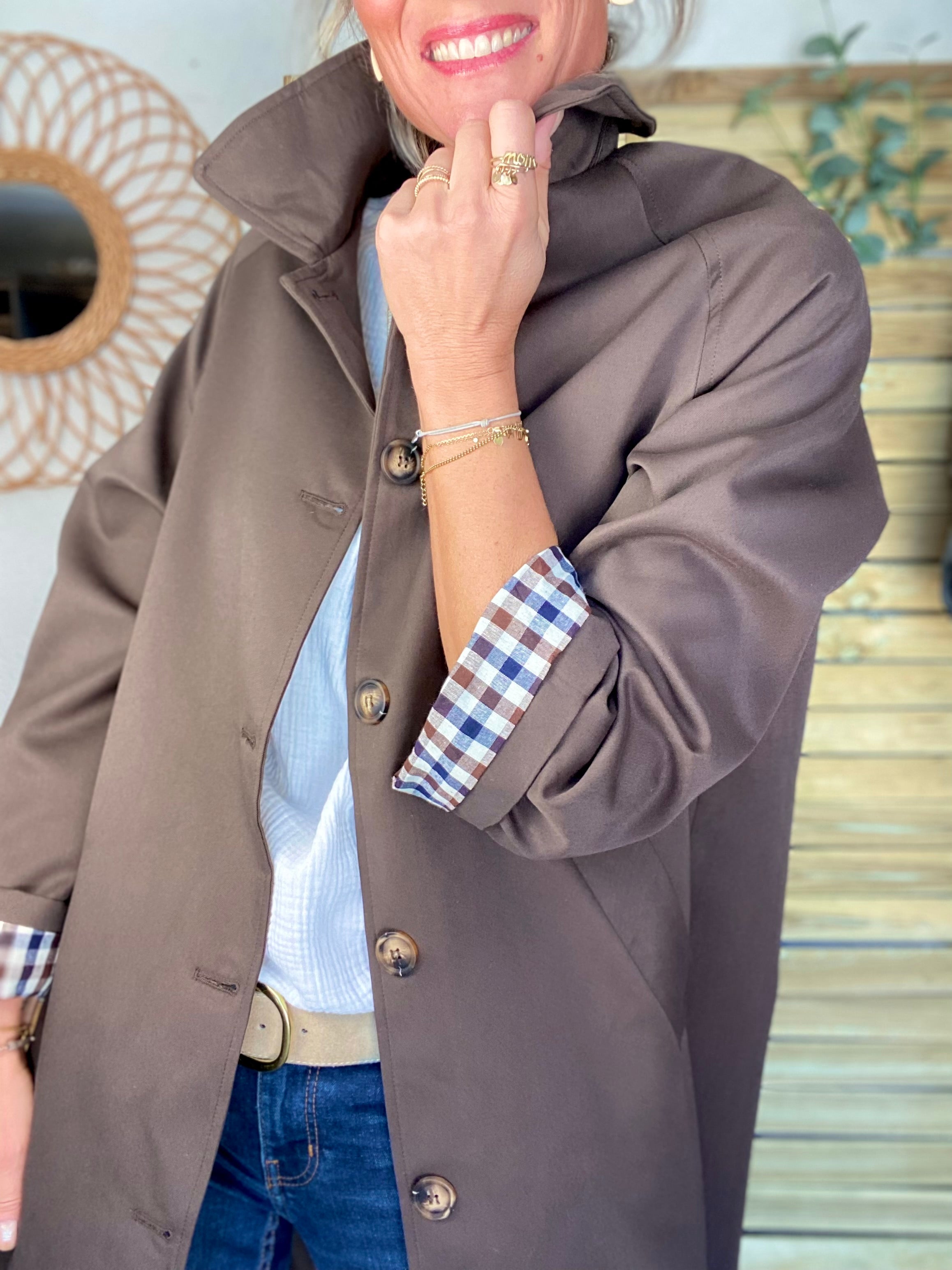 Veste Trench en coton avec vichy - YSEULT long Chocolat