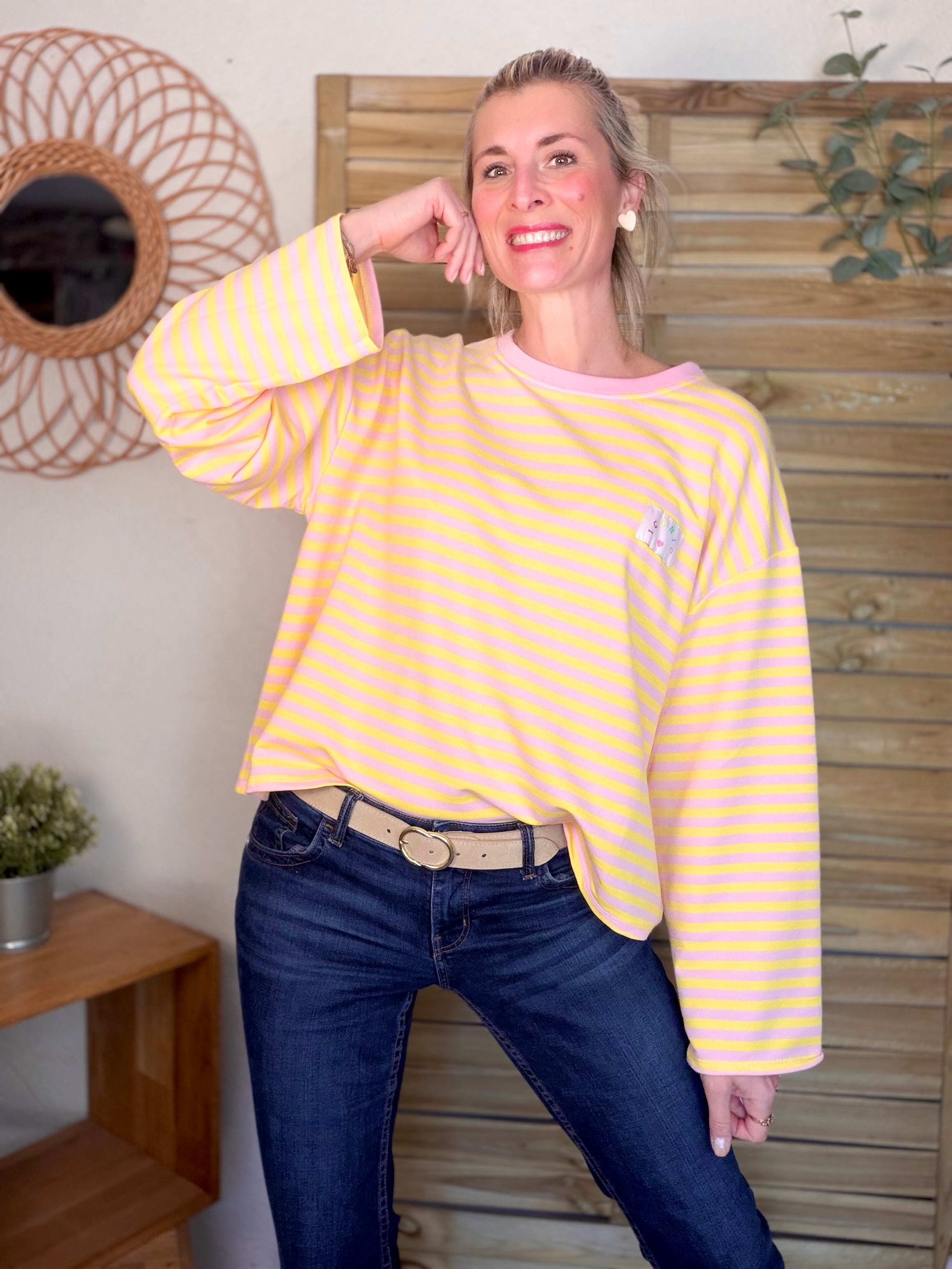 Sweat fin rayé ample Iconic CORALIE - Rose / Jaune