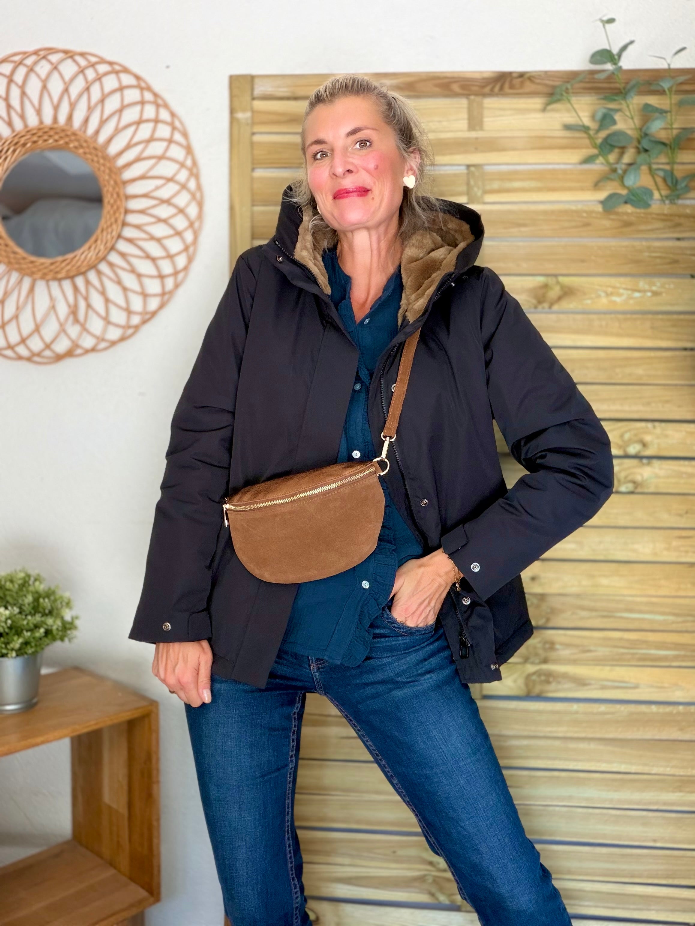 Sac banane M bi-matière en cuir irisé et velours 24cm - POLLY- Choco/Bronze