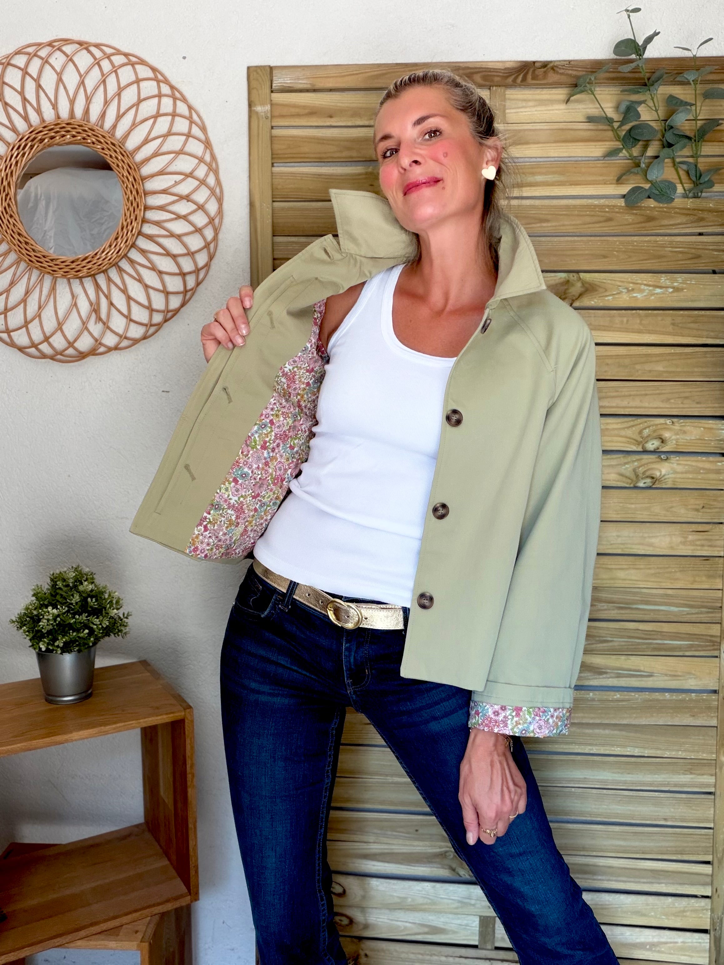 Veste Trench en coton Vert amande avec Liberty - MAHAUT - LILI et LALA