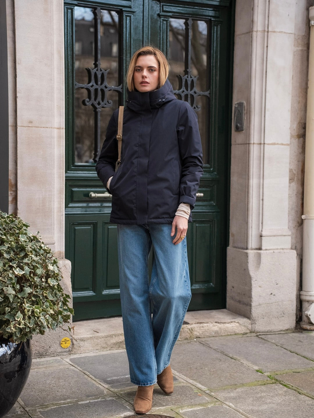 LAURA JO - Parka fourrée imperméable AMBRE MI-LONG - Bleu marine / Beige