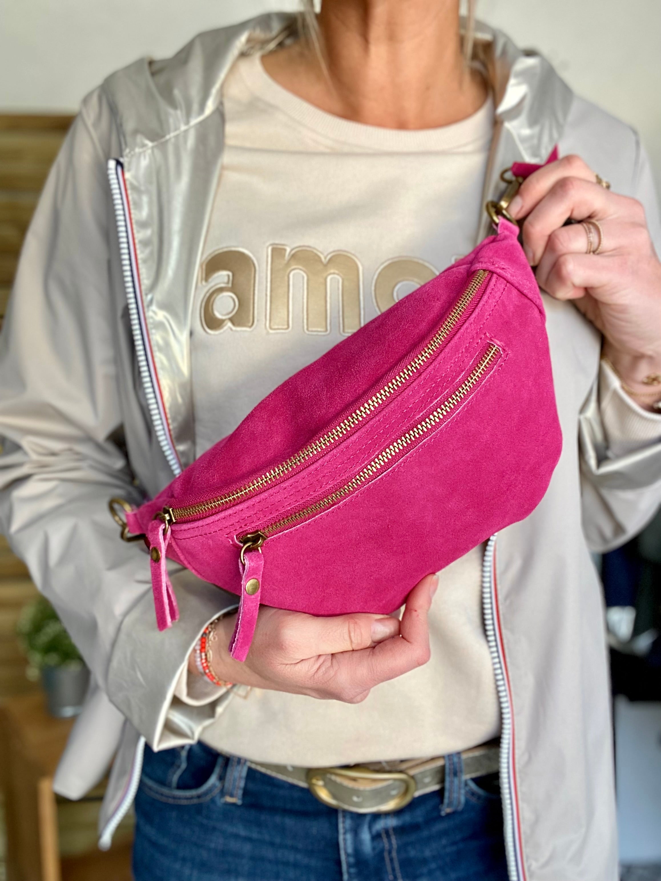 Sac banane double poche en cuir daim - OPALINE - Rose fuschia (14 coloris)