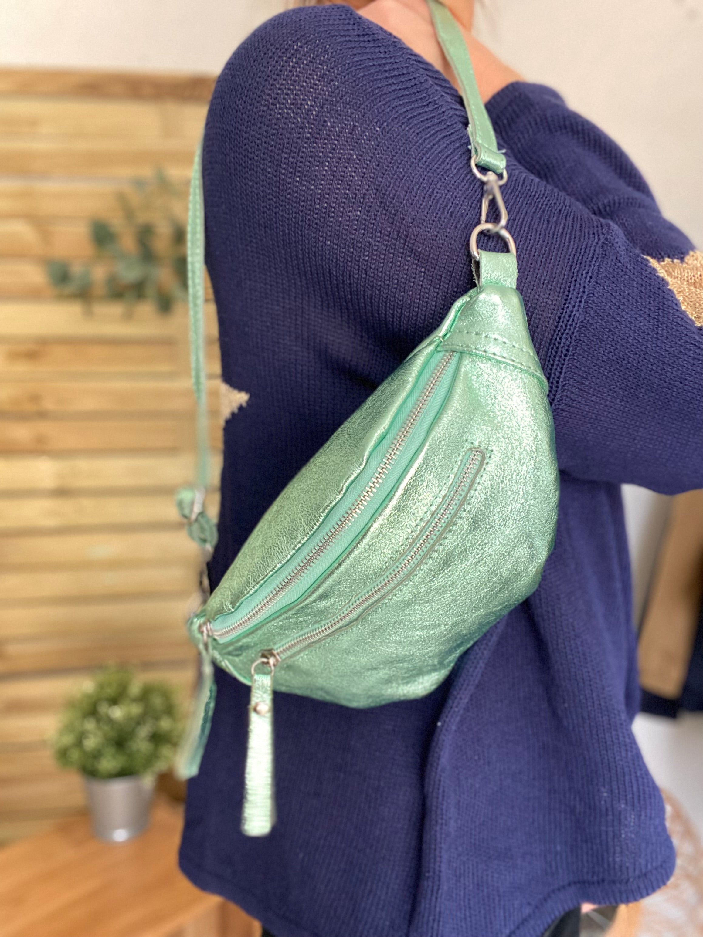 Sac banane en cuir irisé double poche - OPALE  - Vert d’eau