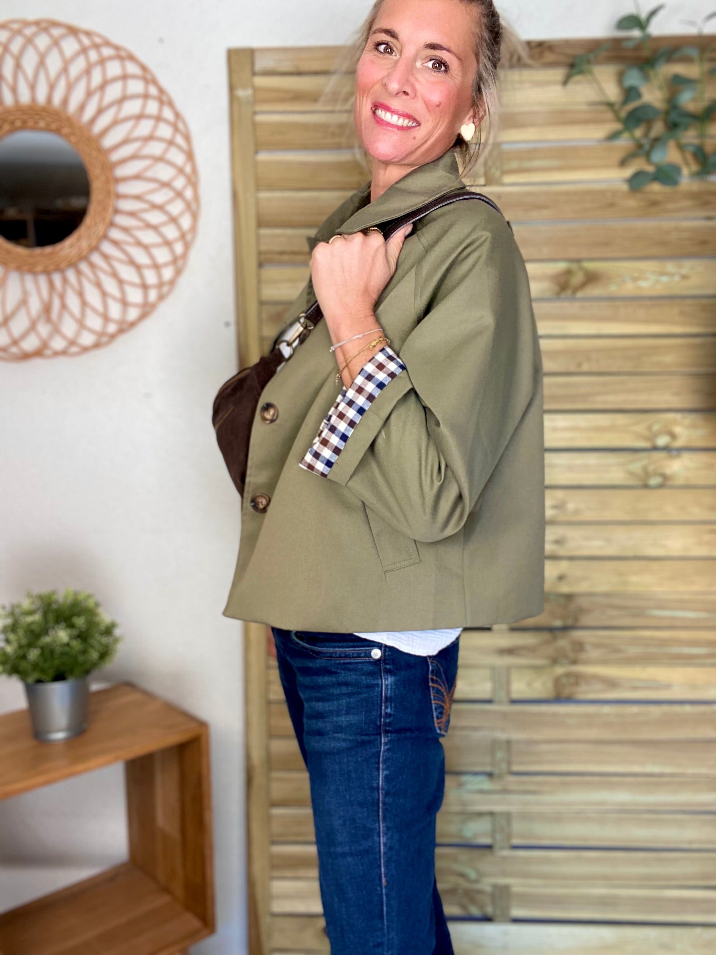 Veste Trench en coton avec vichy - YSEULT court Kaki