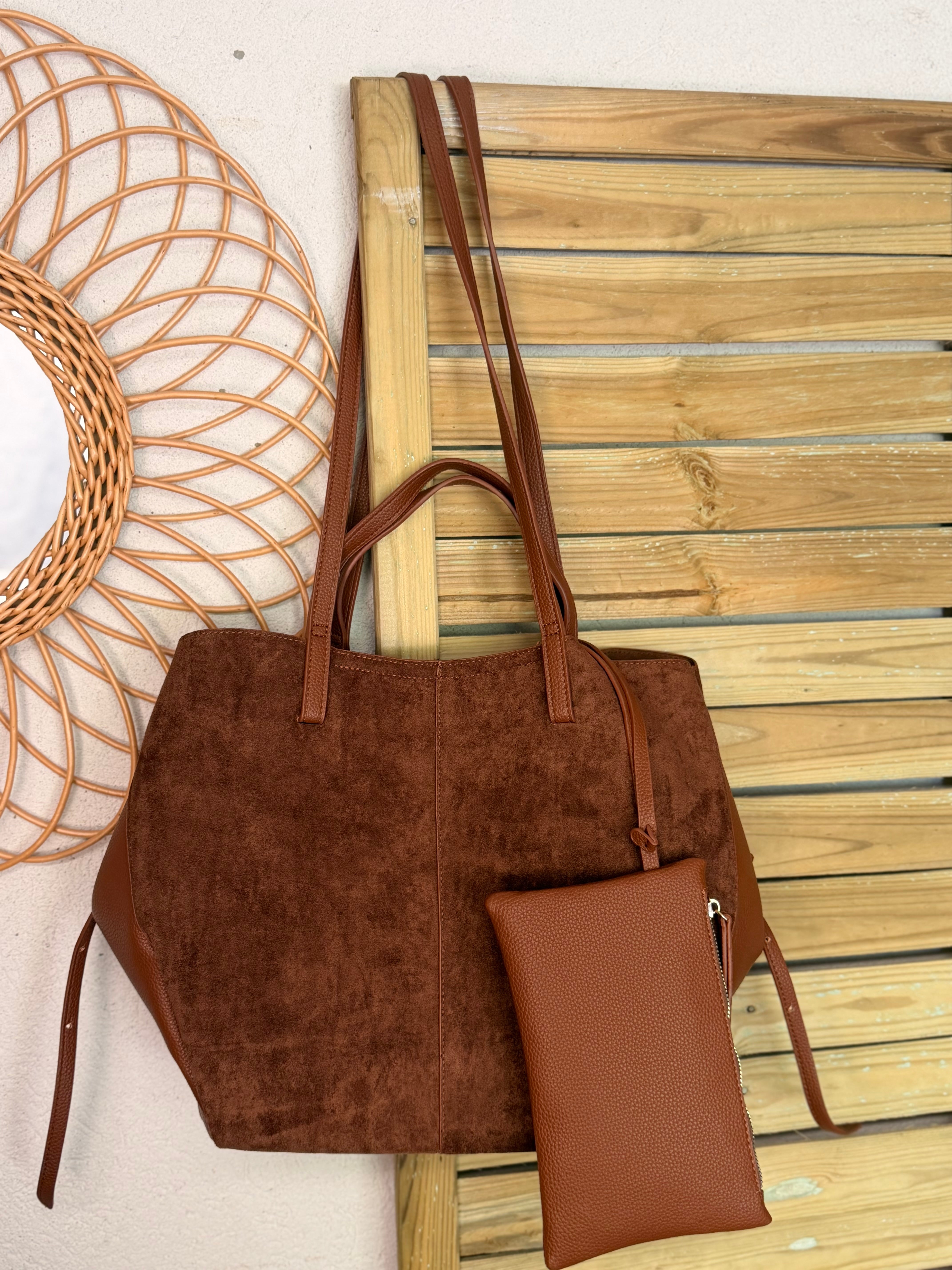Grand Sac cabas 2 en 1 en simili daim - PAULE Camel