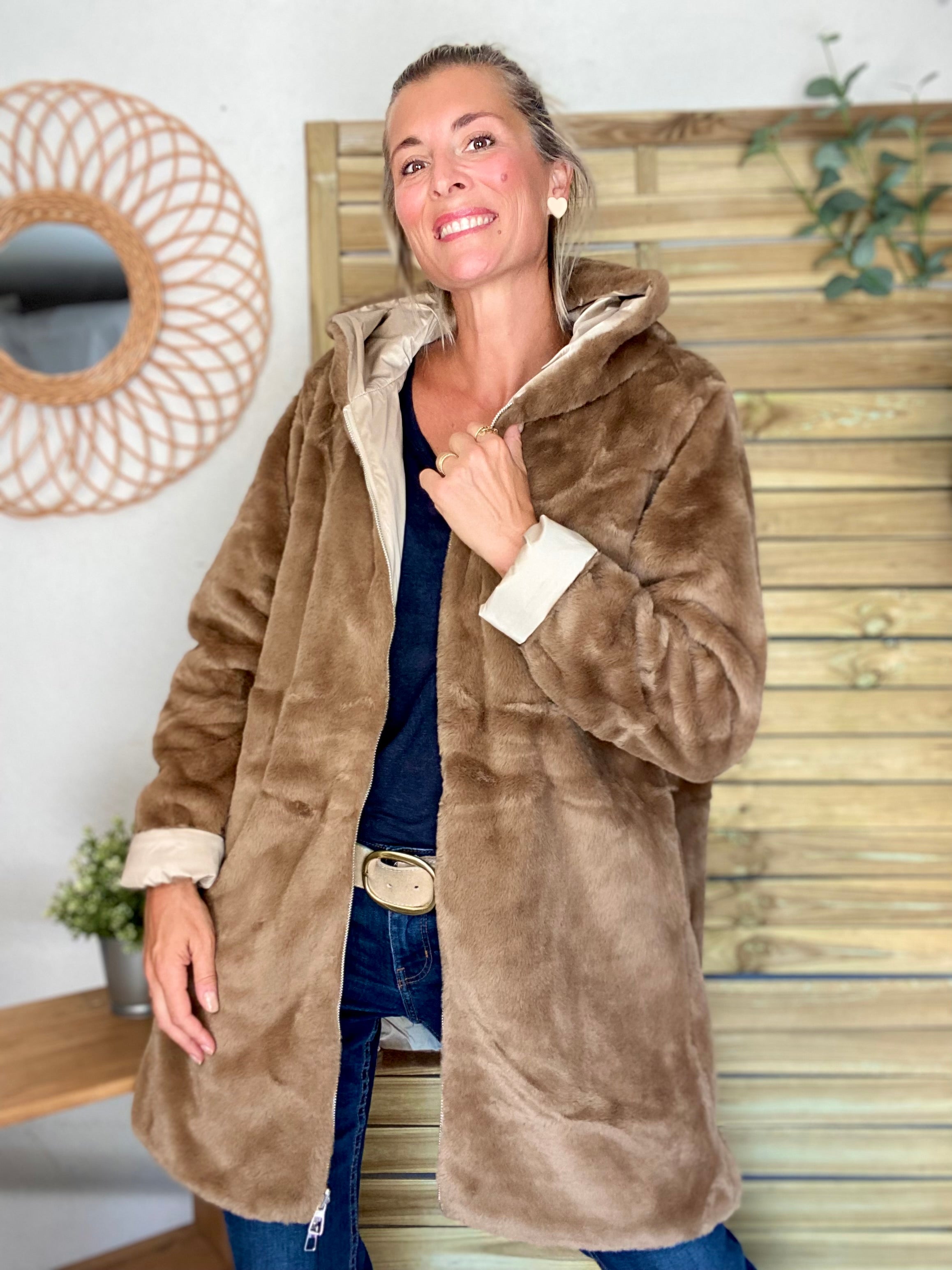 Parka Imperméable réversible fourrée Sable irisé / Camel ALIX - LAURA JO