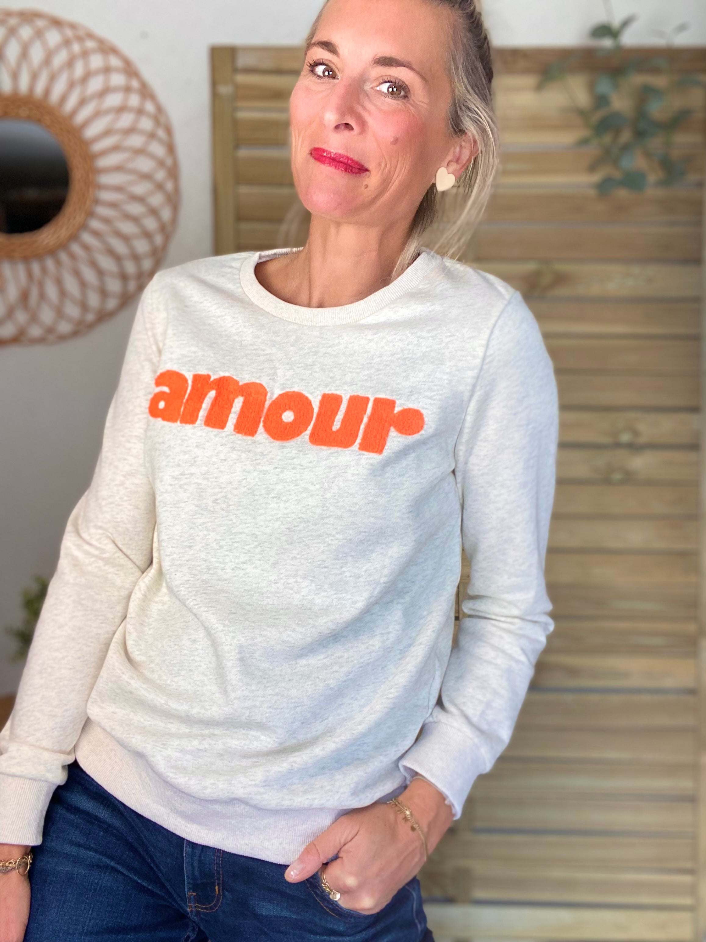 Sweat amour DORIA - Beige chiné / Orange