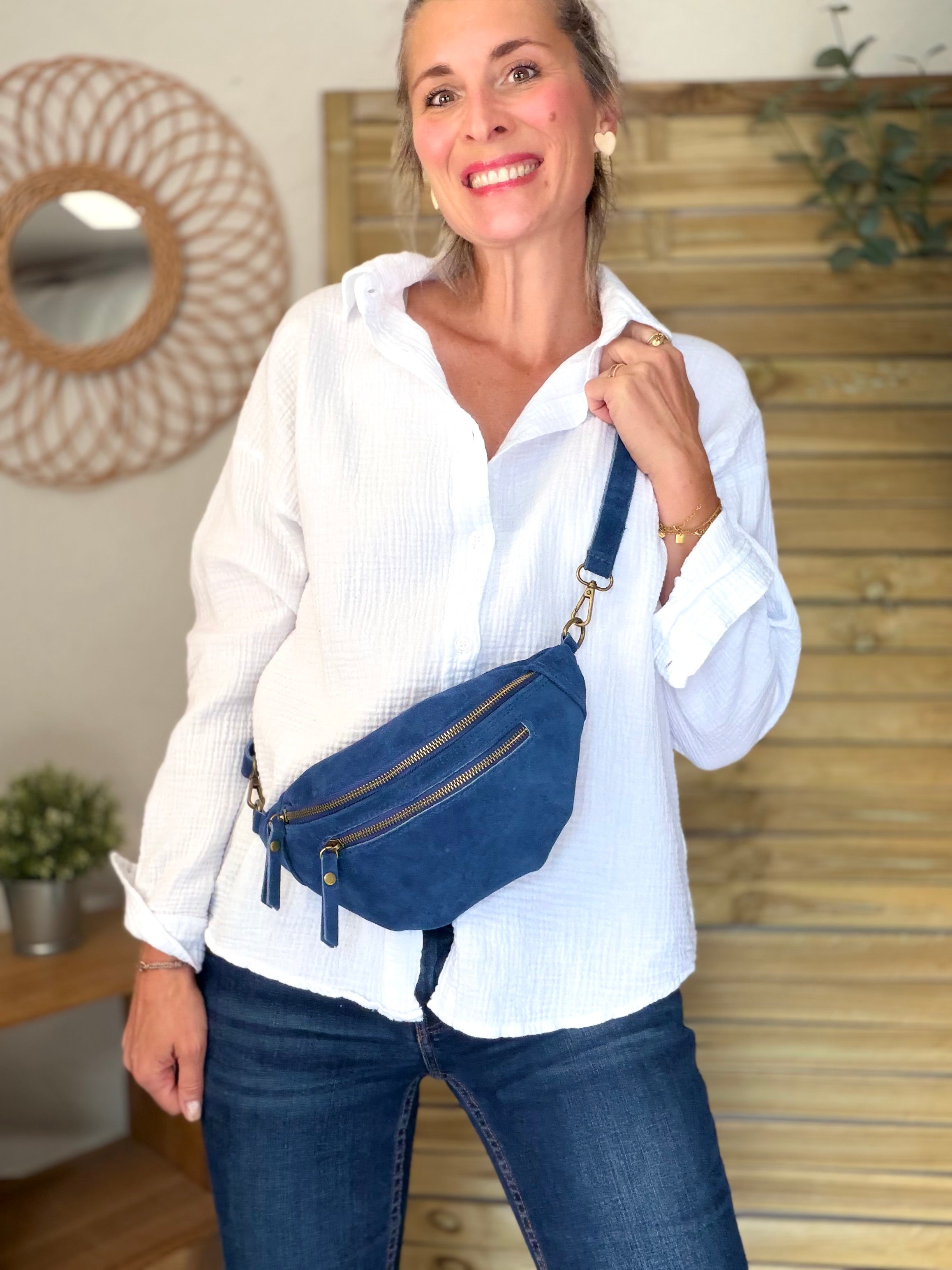 Sac banane double poche en cuir daim - OPALINE - Bleu jean