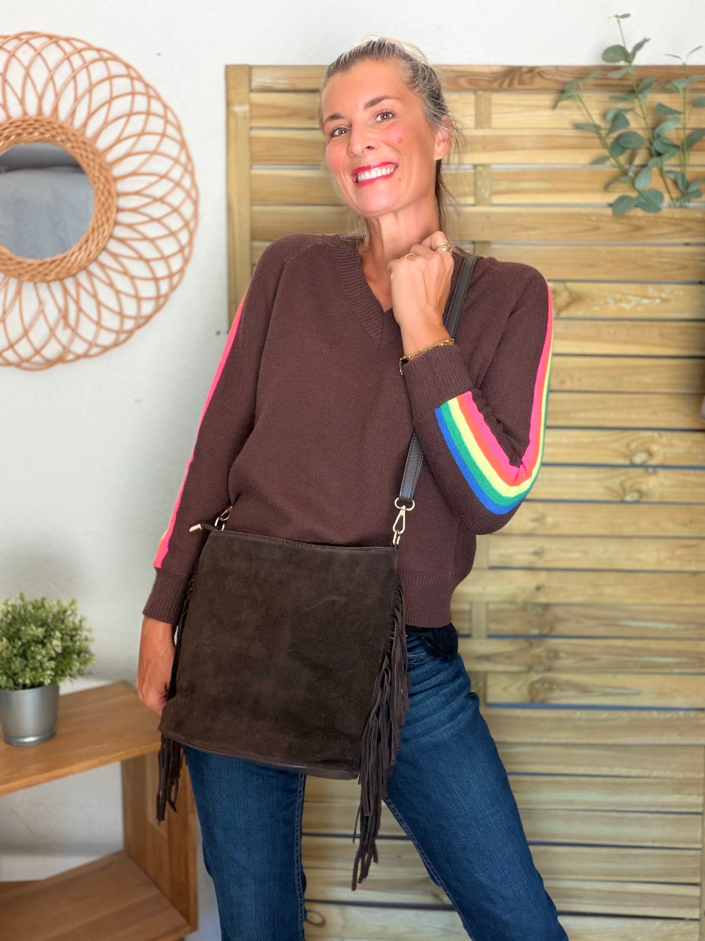 Sac seau en cuir daim avec franges KYLIE - Chocolat