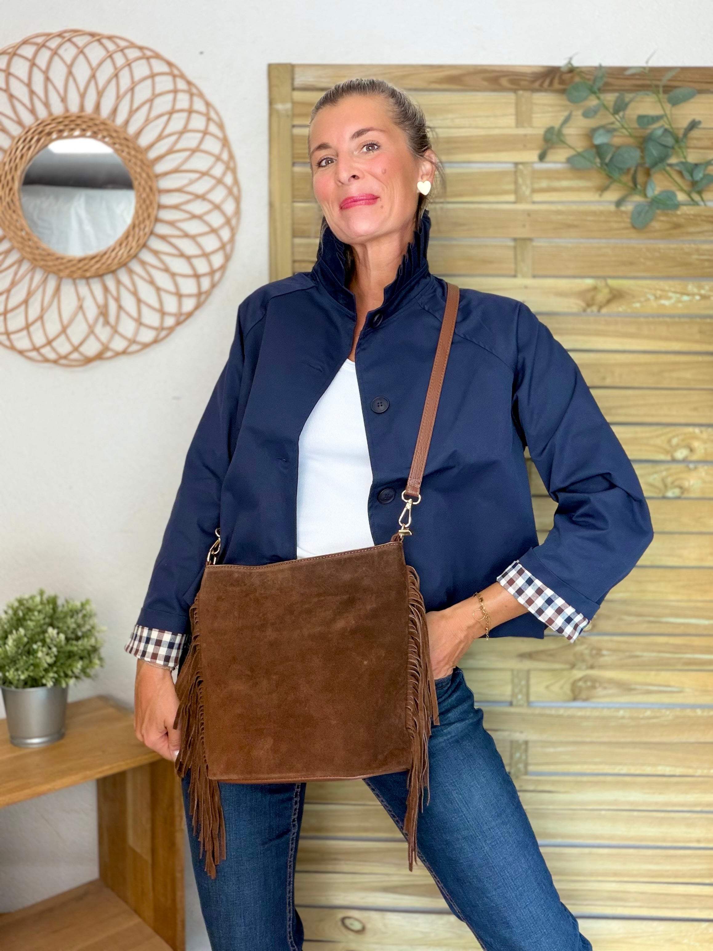 Veste Trench col victorien, revers carreaux - VICKY Bleu marine