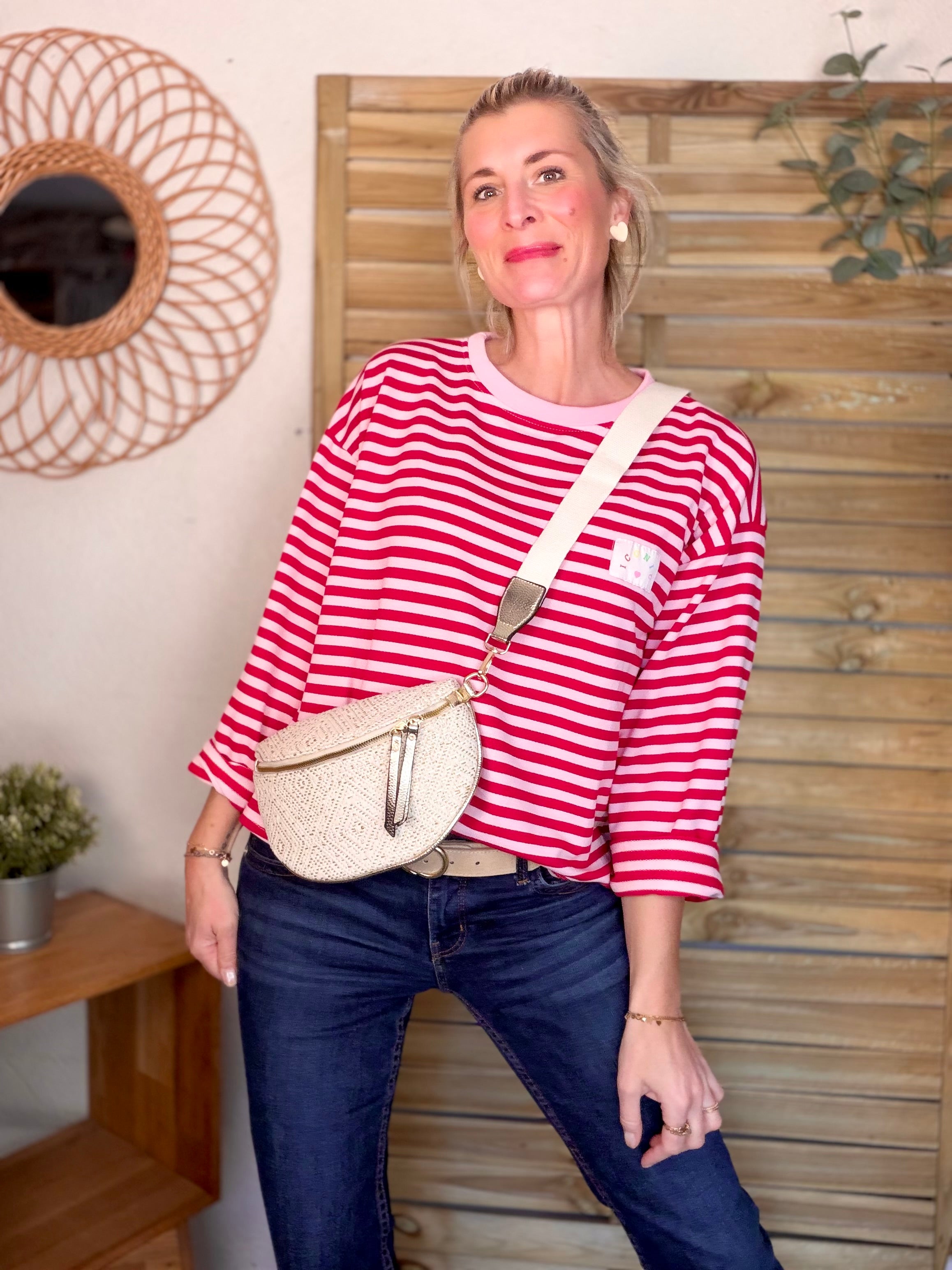 Sweat fin rayé ample Iconic CORALIE - Rouge / Rose