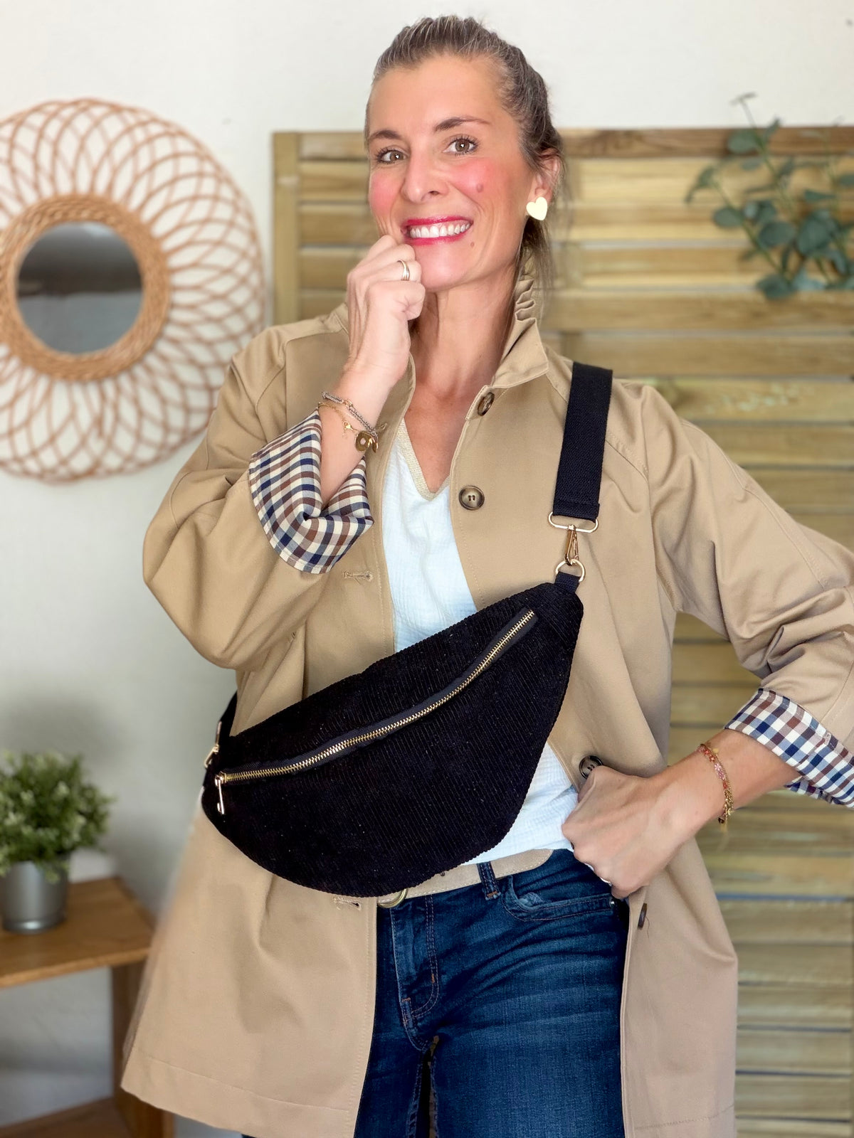 Veste Trench mi-long col victorien avec carreaux - ANDY Beige taupe