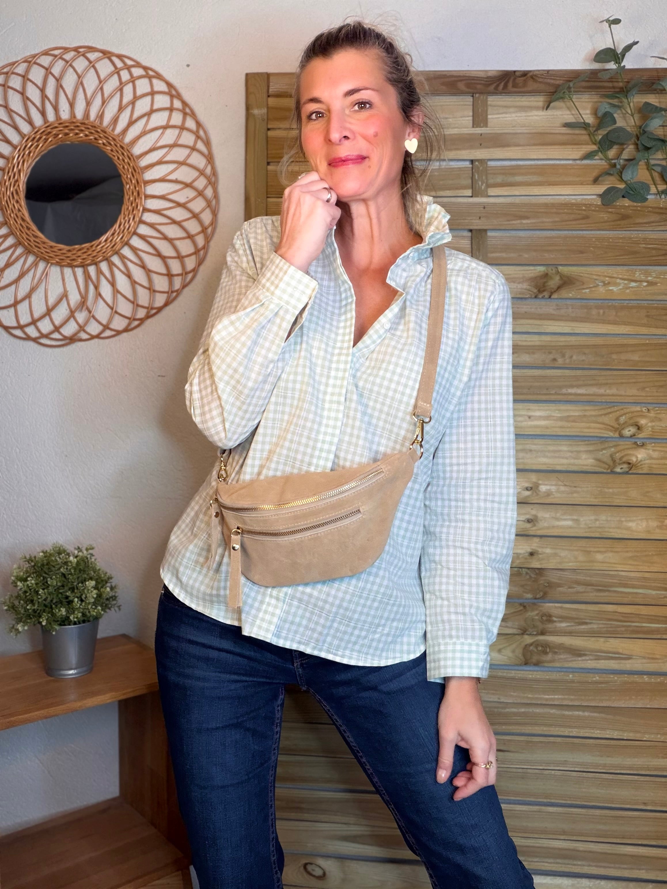 Chemise imprimée vichy, col victorien volanté MEREDITH - Vert d’eau