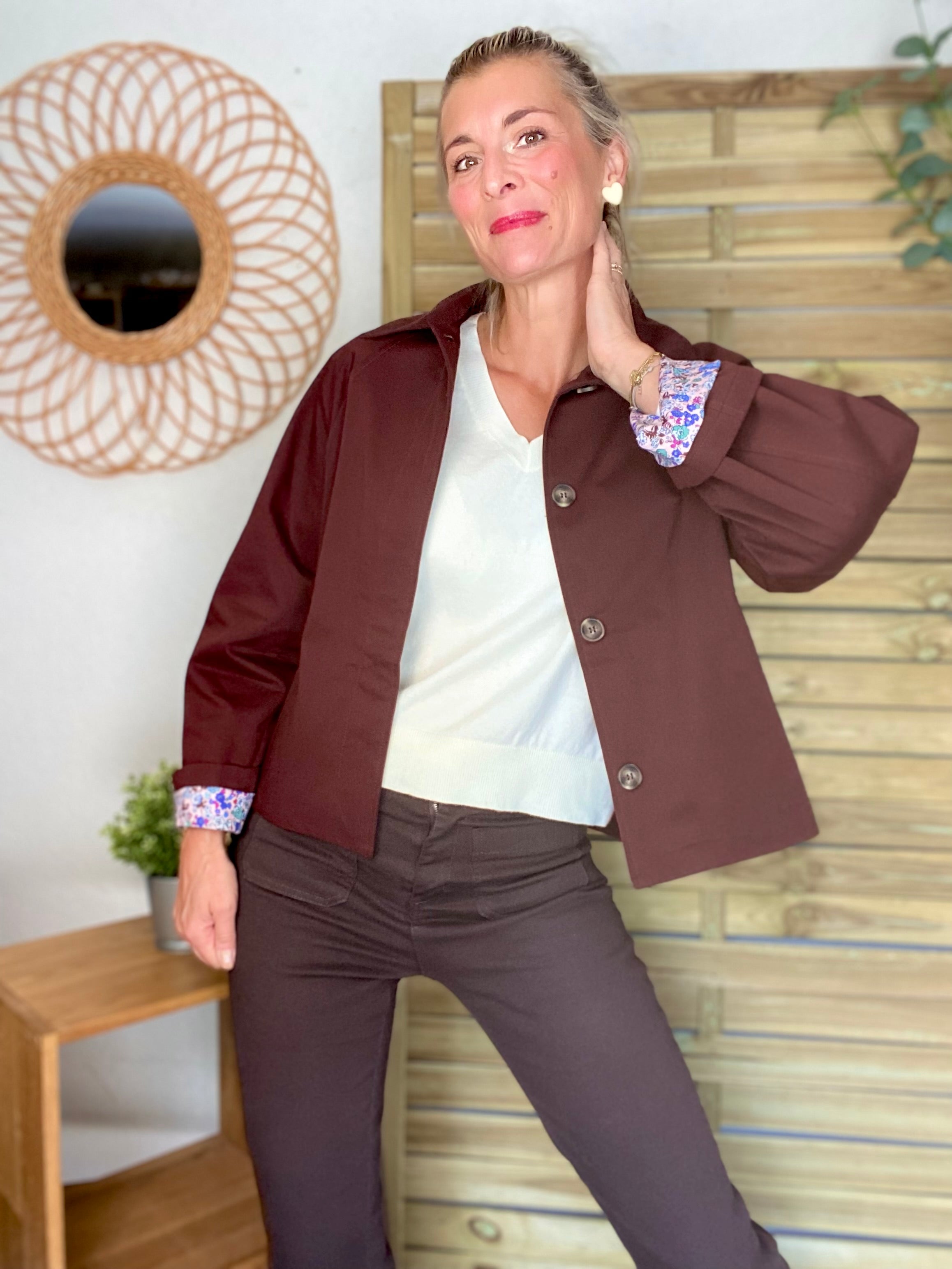 Veste Trench en coton bordeaux foncé avec Liberty - MAHAUT