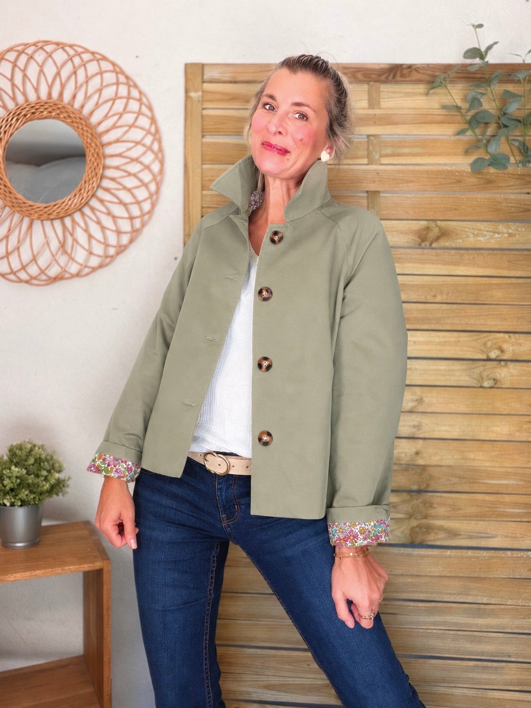 Veste Trench en coton Vert amande avec Liberty - MAHAUT - LILI et LALA
