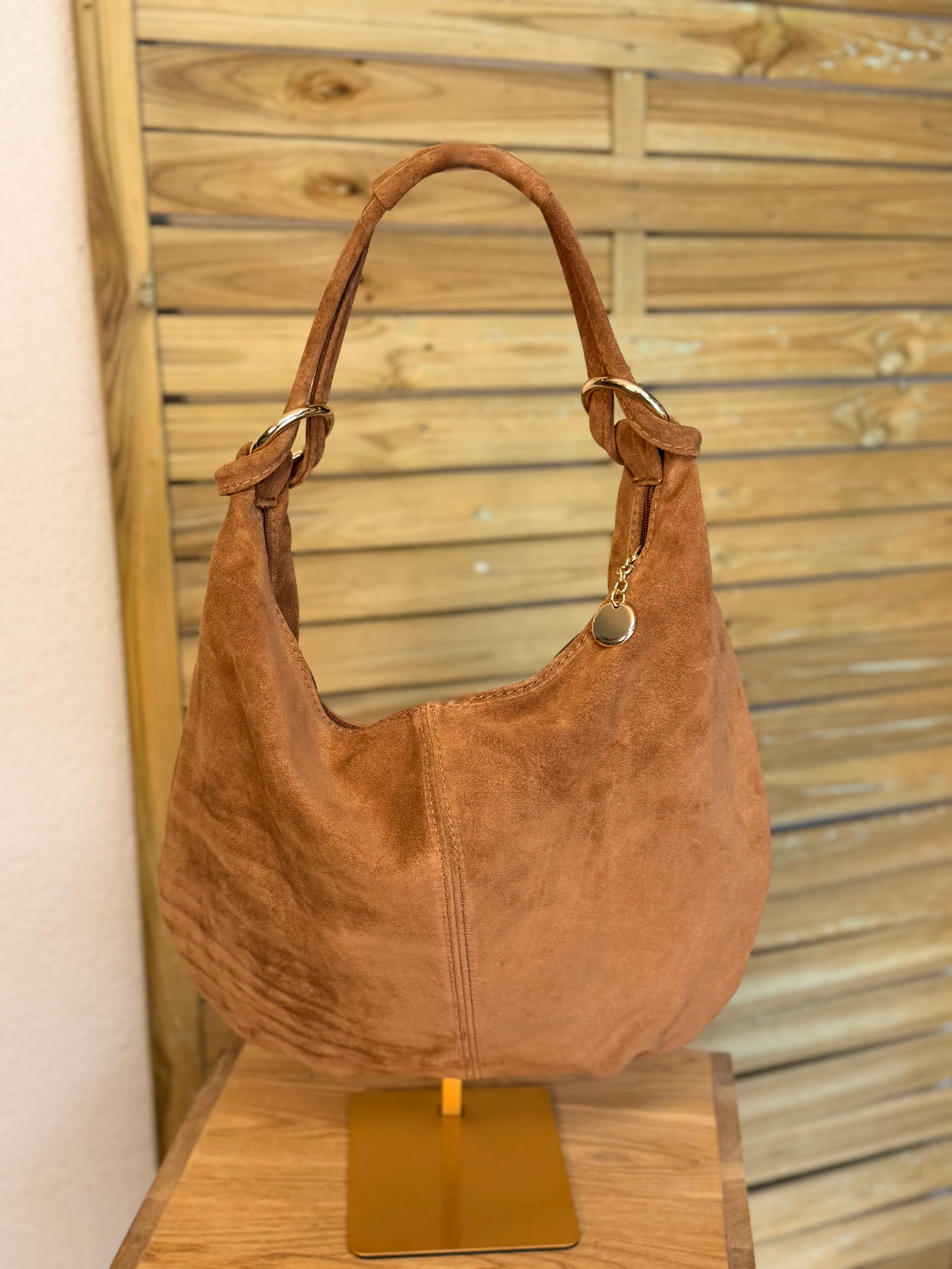 Sac besace hobo en cuir daim souple avec anneaux WILLIAM - Camel
