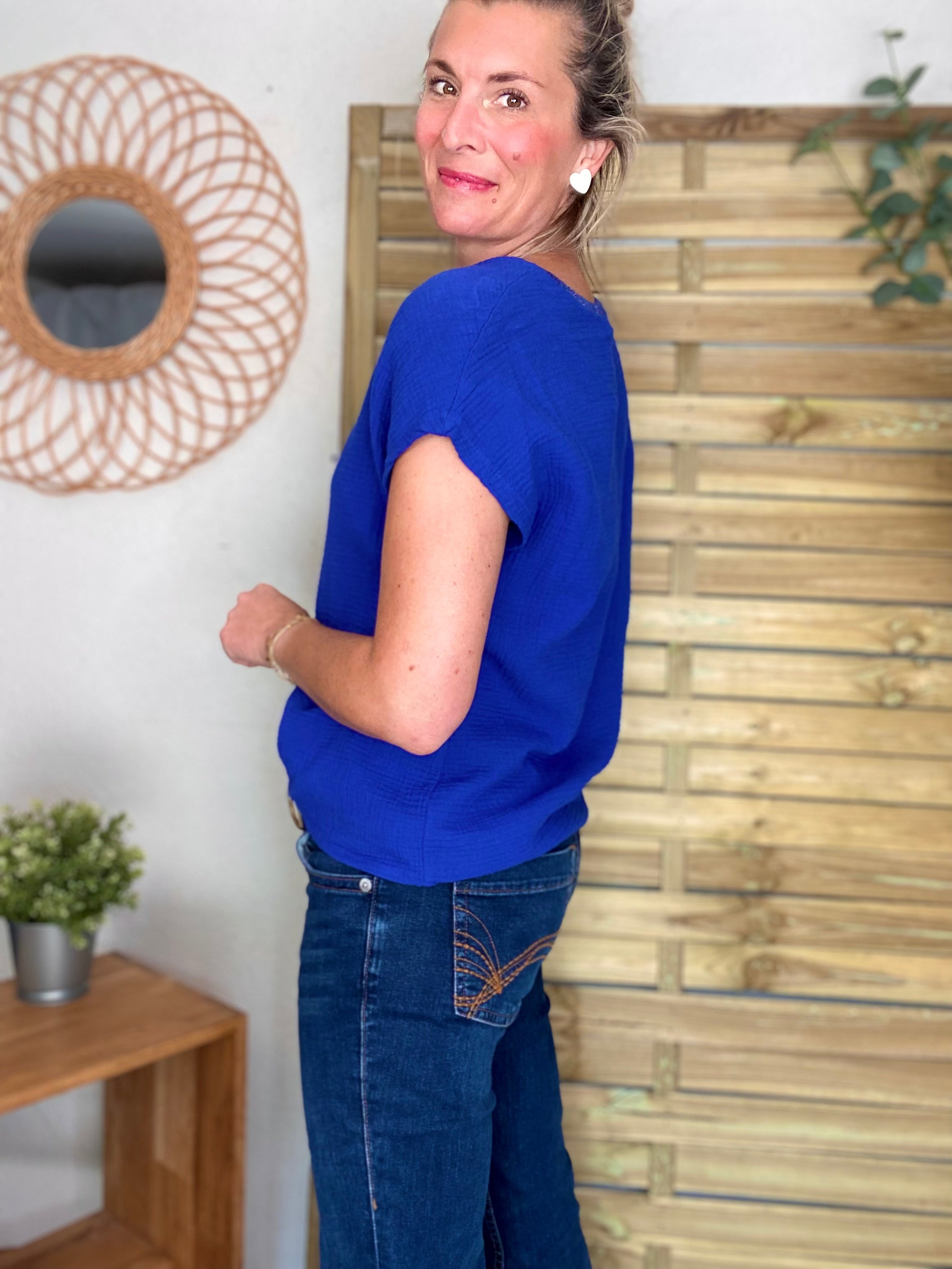 Précommande Expédition mi mai - Top en gaze de coton et lurex MARTA - Bleu roi