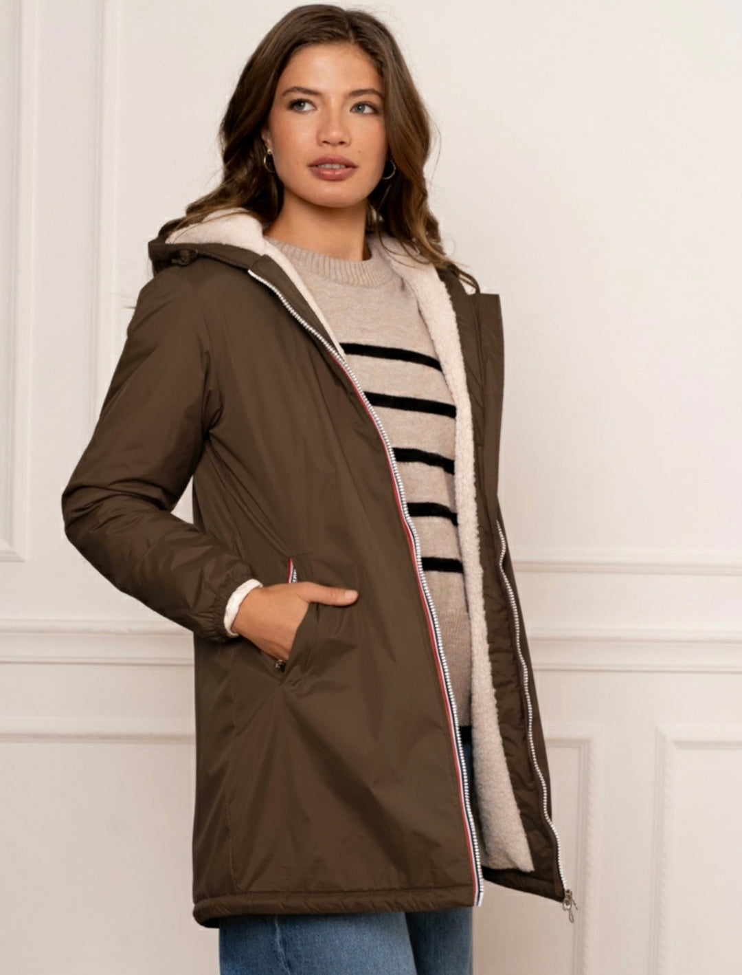 LAURA JO - Parka Imperméable LOUISE LONG Sherpa écru - Chocolat